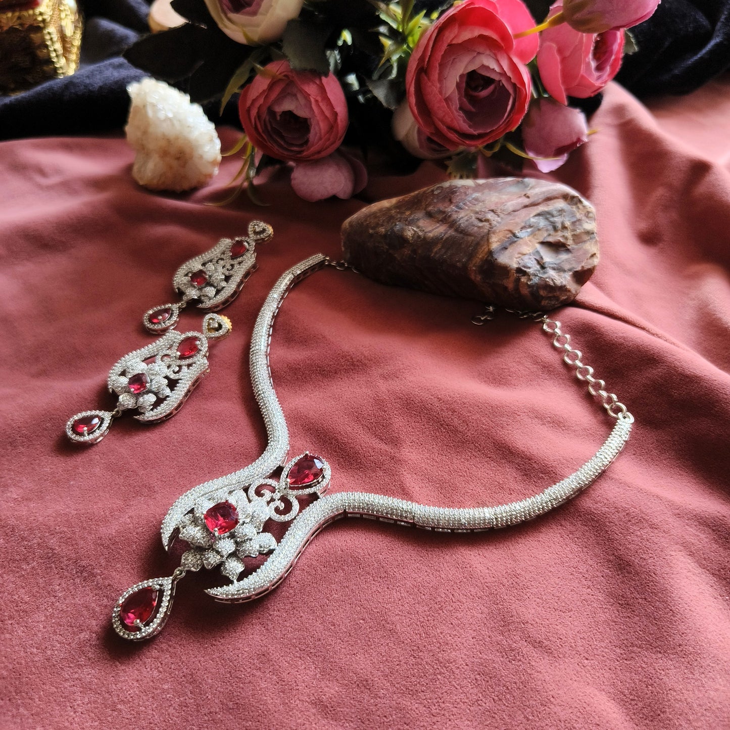 Crimson Royale Necklace Set | Red Stone Bridal Jewellery for Wedding & Parties