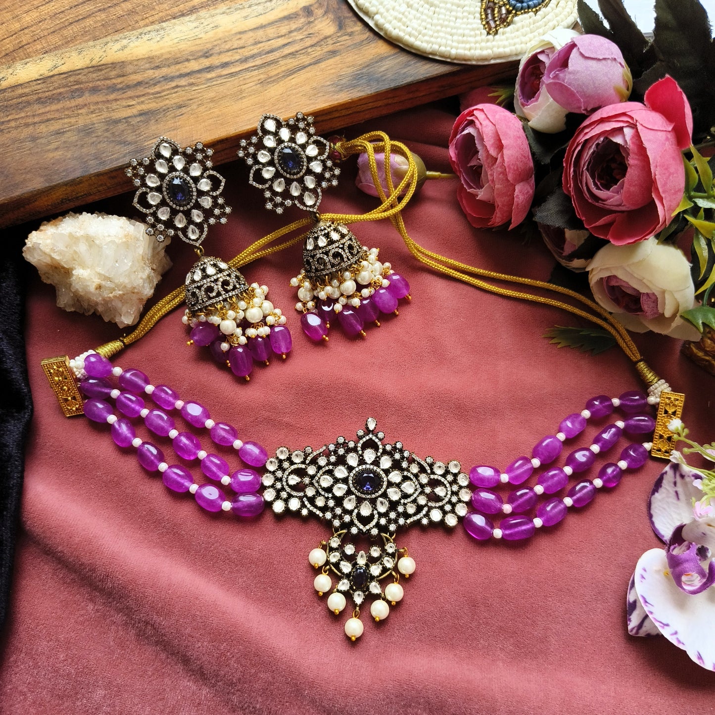Royal Amethyst Kundan Choker Set | Purple Beaded Bridal Jewellery with Earrings