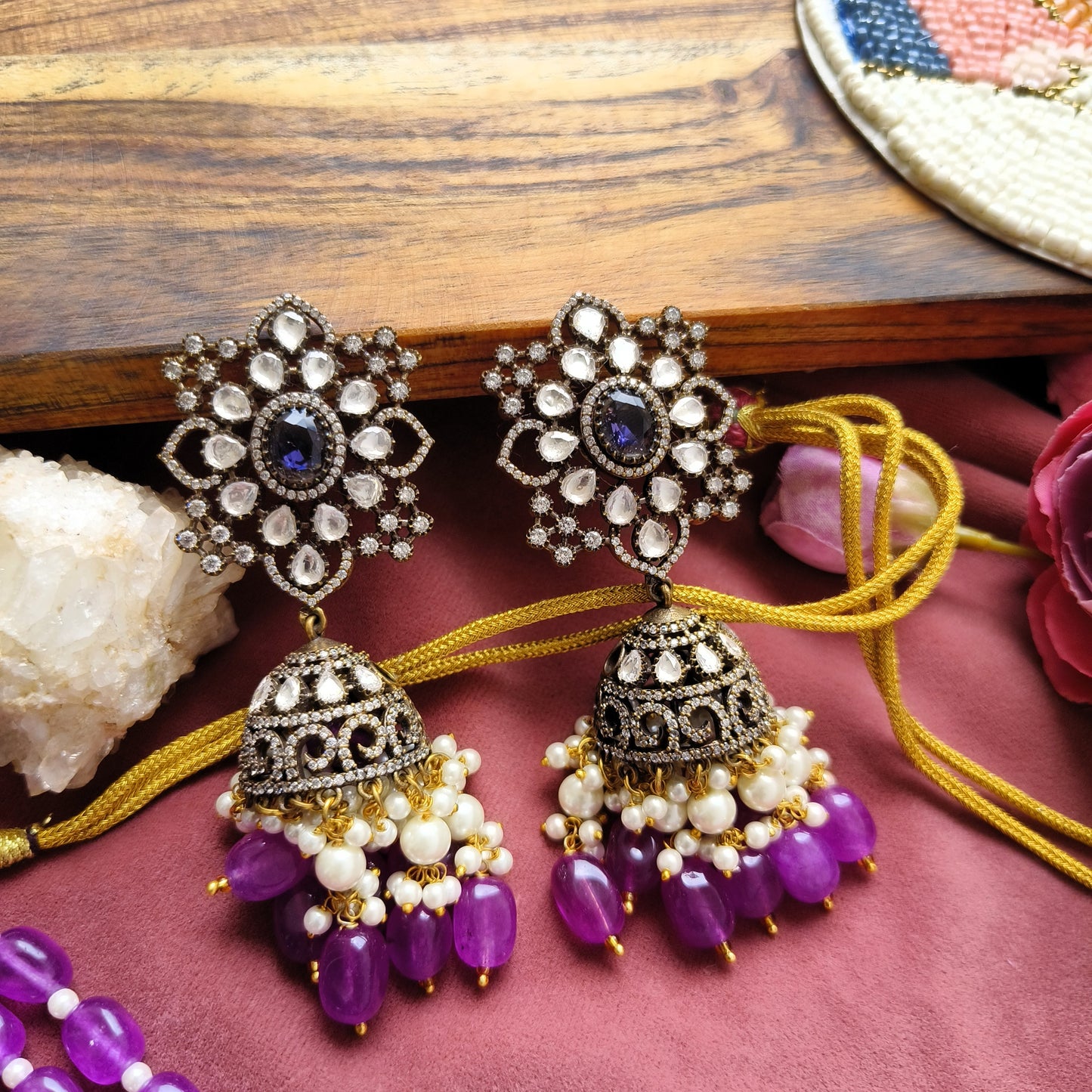 Royal Amethyst Kundan Choker Set | Purple Beaded Bridal Jewellery with Earrings