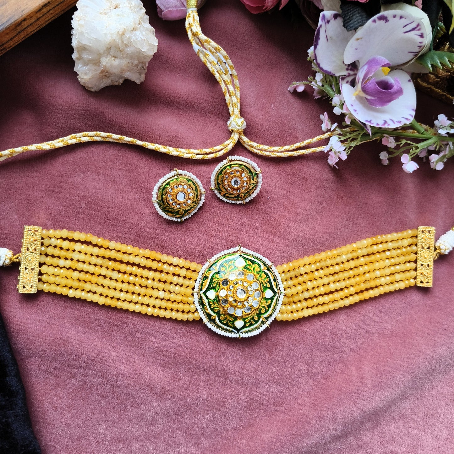 Sunrise Enamel Kundan Choker Set | Yellow Beaded Meenakari Necklace with Earrings