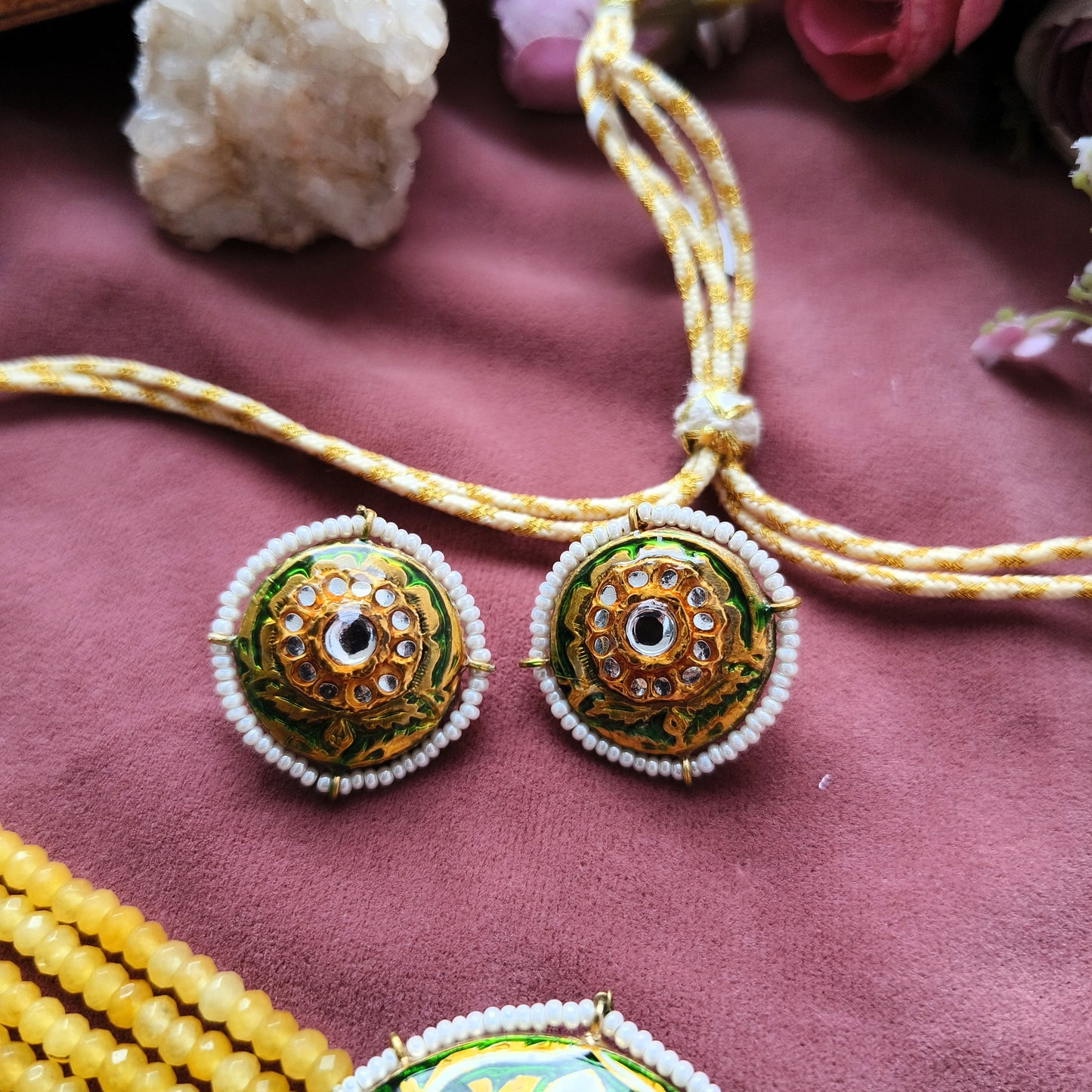 Sunrise Enamel Kundan Choker Set | Yellow Beaded Meenakari Necklace with Earrings