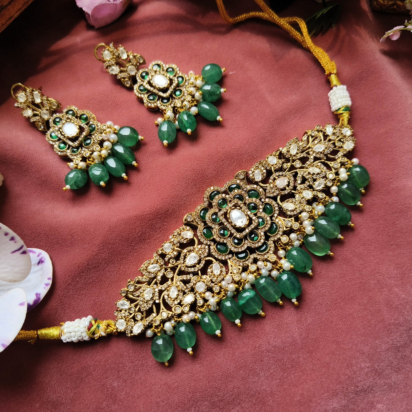 Emerald Royalty Kundan Choker Set | Green Stone Bridal Necklace with Earrings