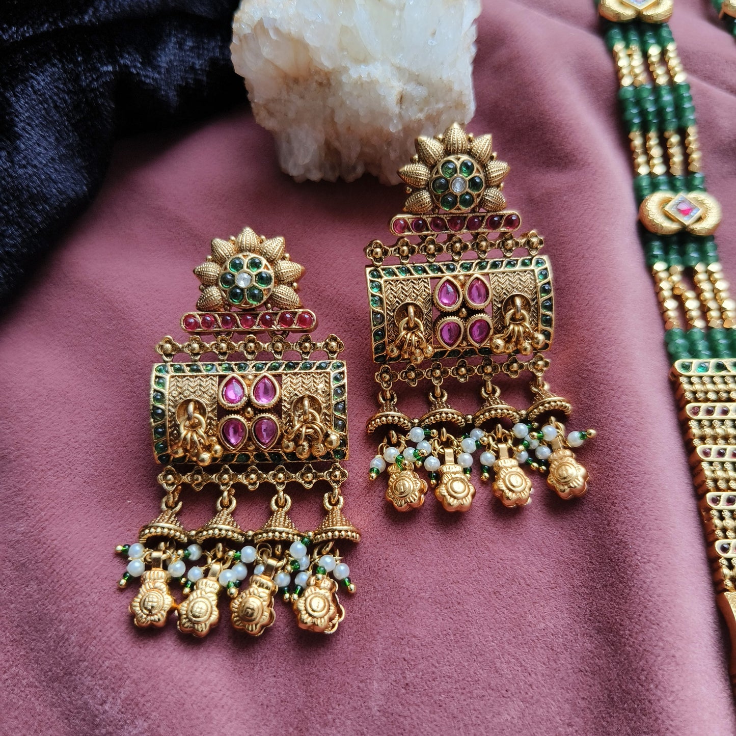 Antique Temple Haram Necklace Set with Lakshmi Motifs | Bridal Jewellery Online