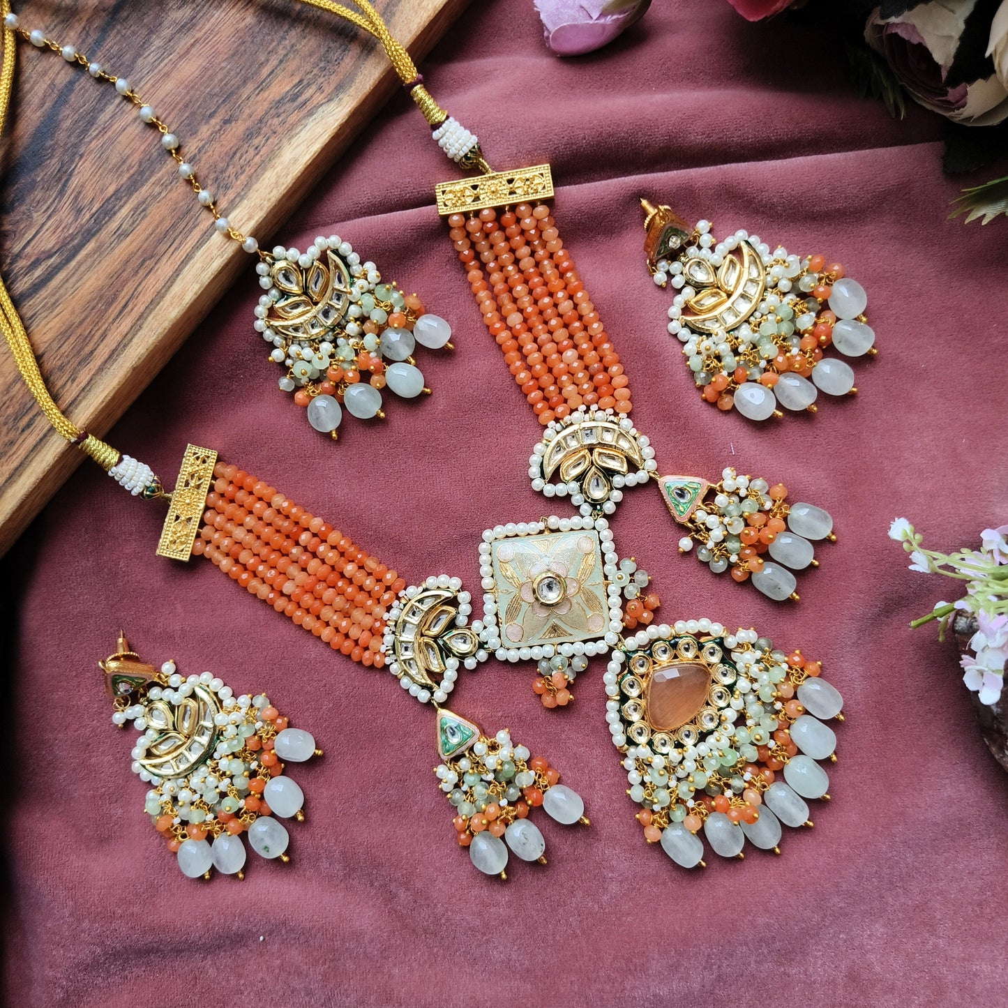 Orange Beaded Traditional Necklace Set with Jadau Work | Temple Jewellery Set for Festive Wear