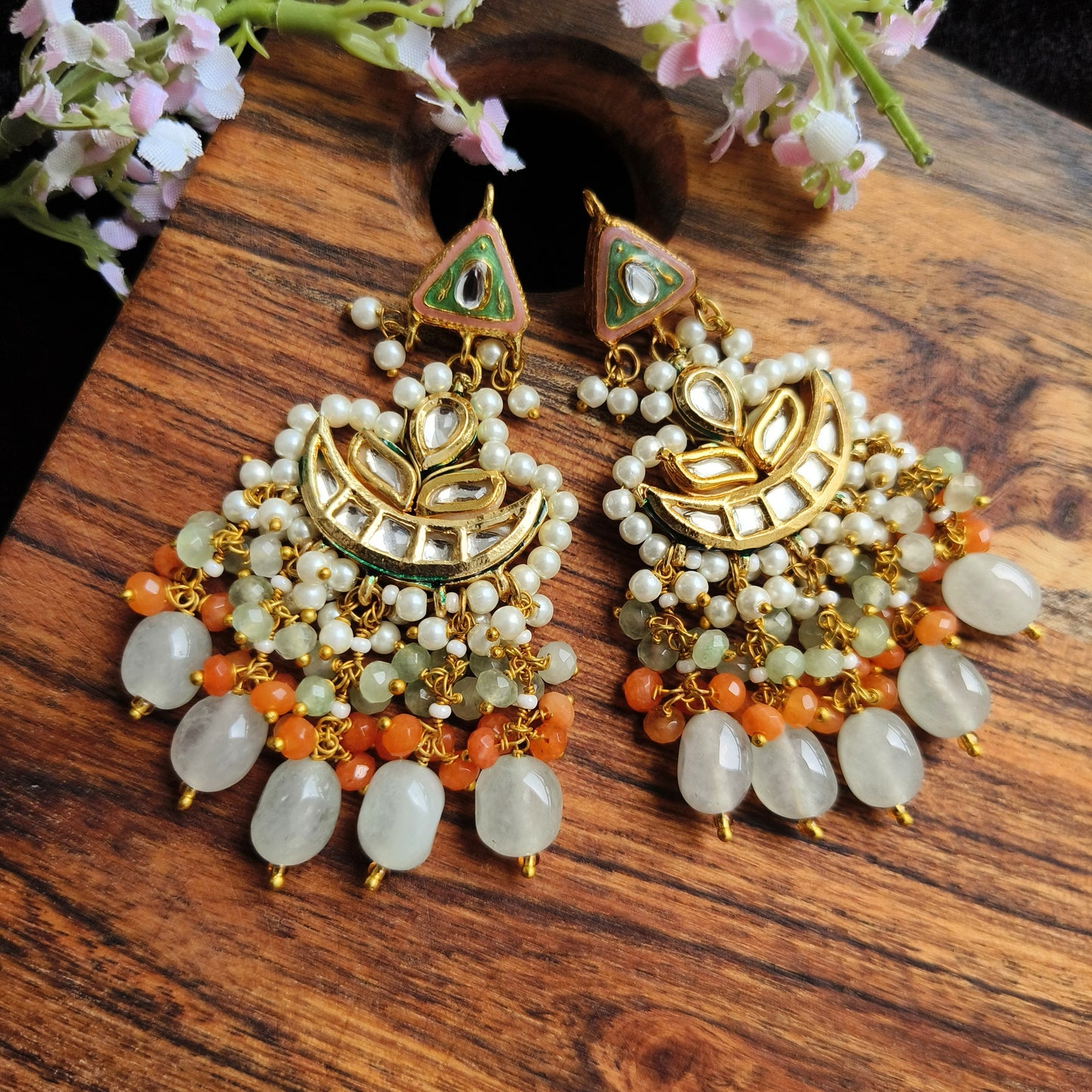 Orange Beaded Traditional Necklace Set with Jadau Work | Temple Jewellery Set for Festive Wear
