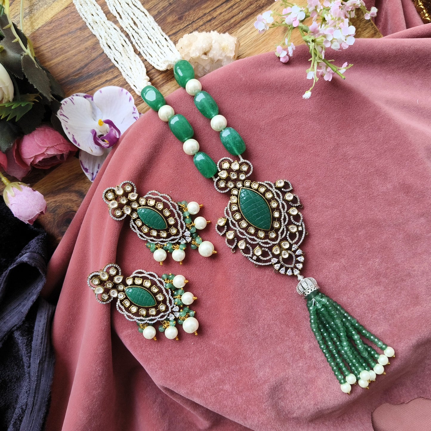 Emerald Green Tassel Necklace Set with Kundan & Pearls | Statement Bridal Jewellery