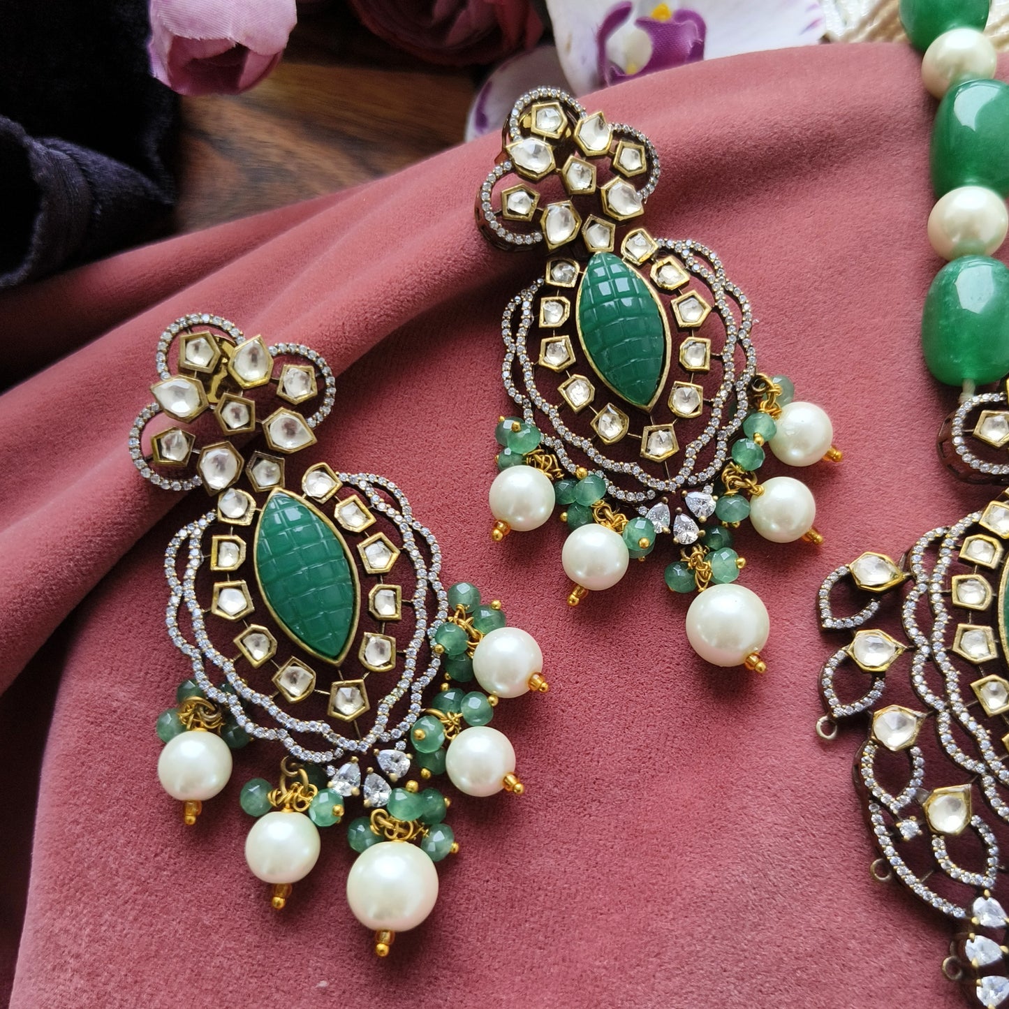 Emerald Green Tassel Necklace Set with Kundan & Pearls | Statement Bridal Jewellery