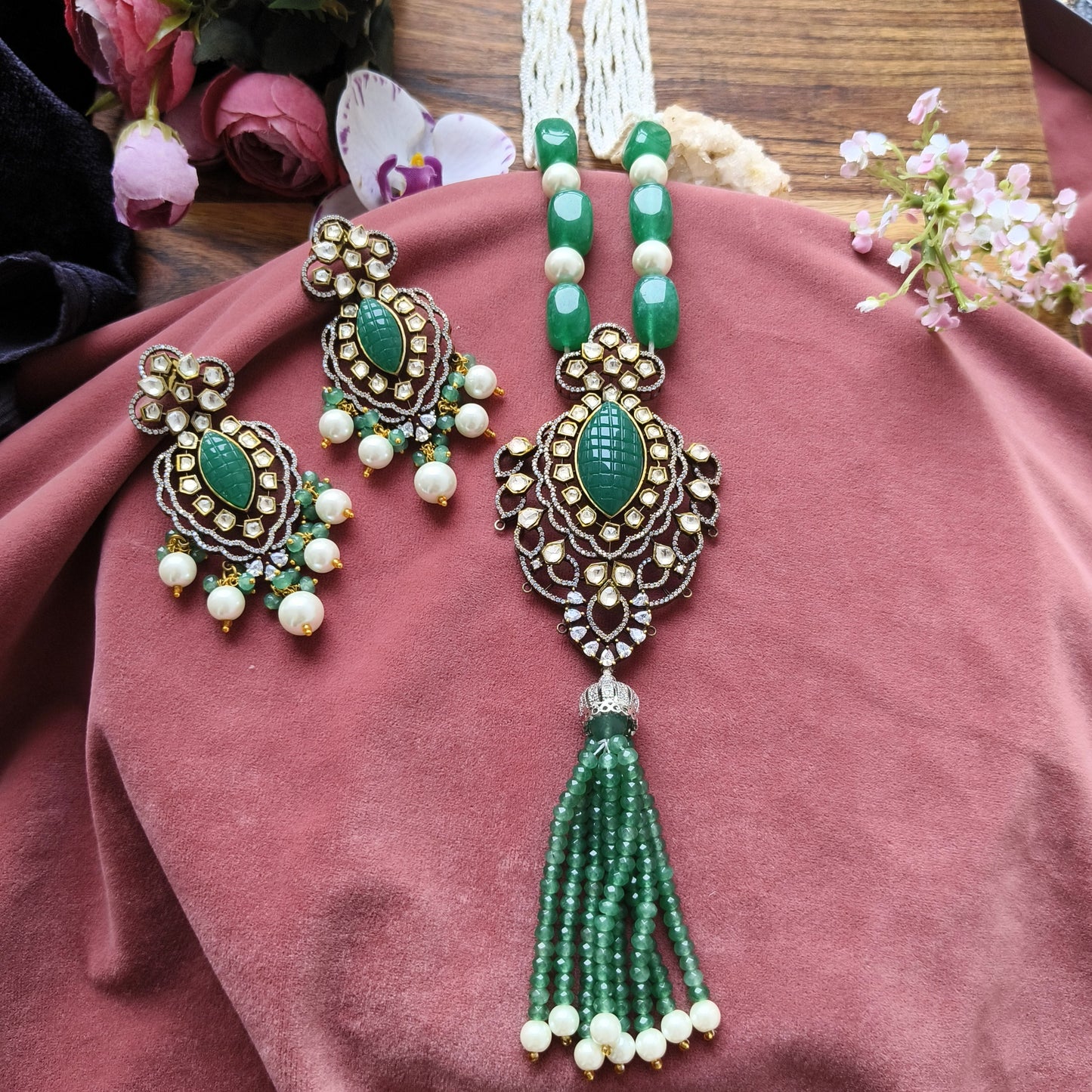 Emerald Green Tassel Necklace Set with Kundan & Pearls | Statement Bridal Jewellery