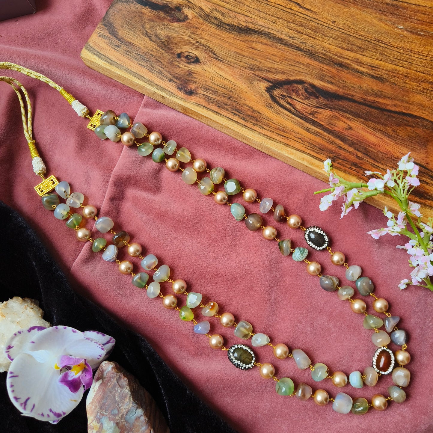 Ethnic Stone Beaded Long Necklace | Handcrafted Dual-Layer Mala with Kundan Work
