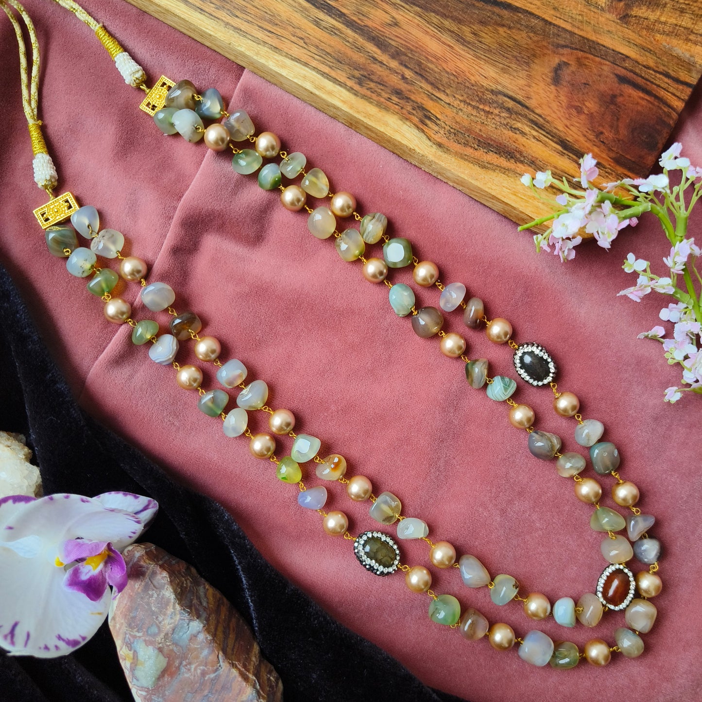 Ethnic Stone Beaded Long Necklace | Handcrafted Dual-Layer Mala with Kundan Work