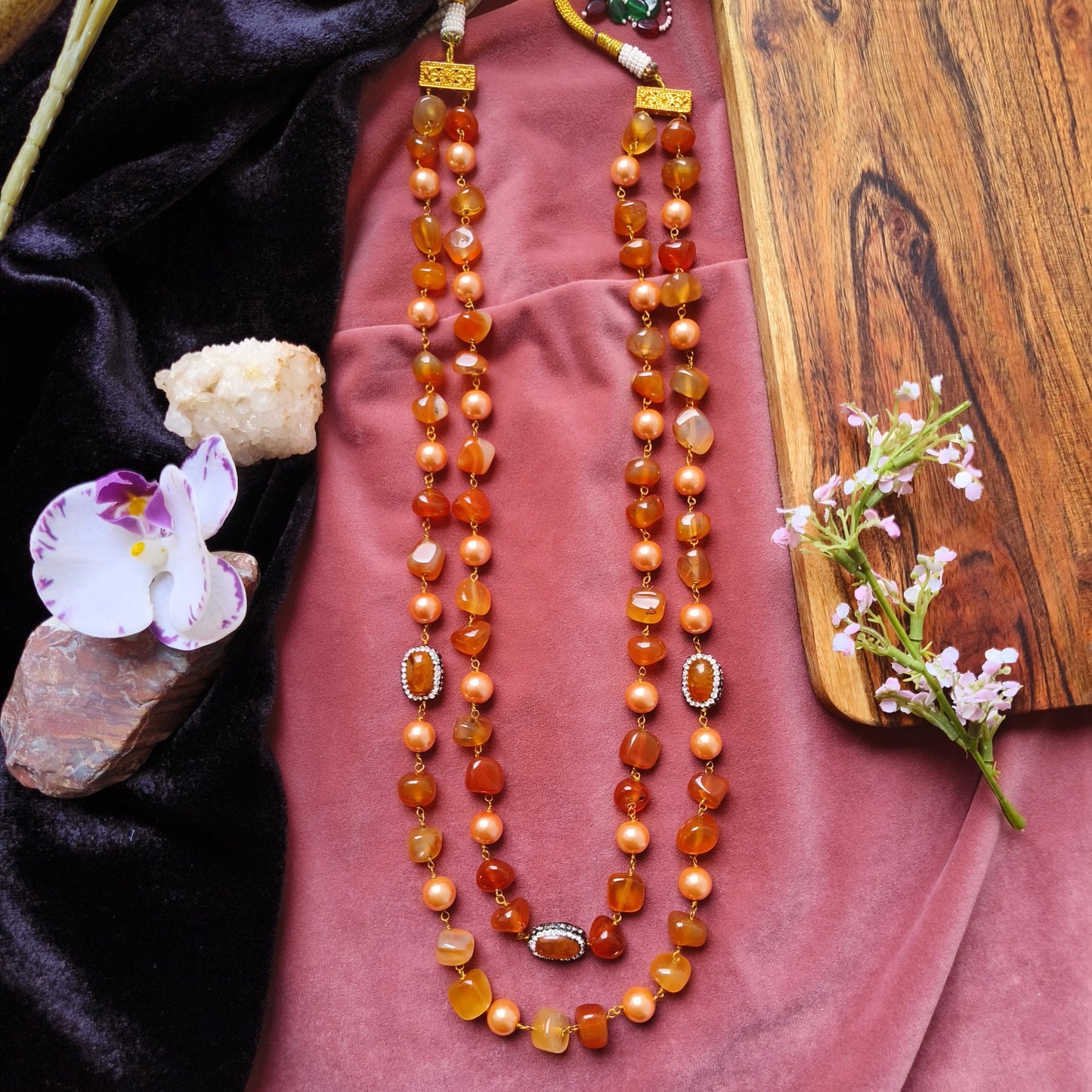 Rust Orange Beaded Necklace | Dual-Layer Festive Mala with Kundan Work