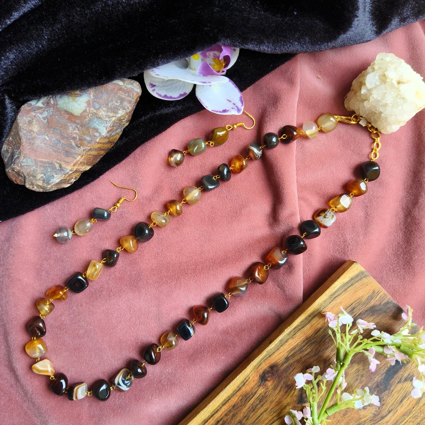 Natural Stone Necklace Set | Earth-Tone Polished Beads with Earrings