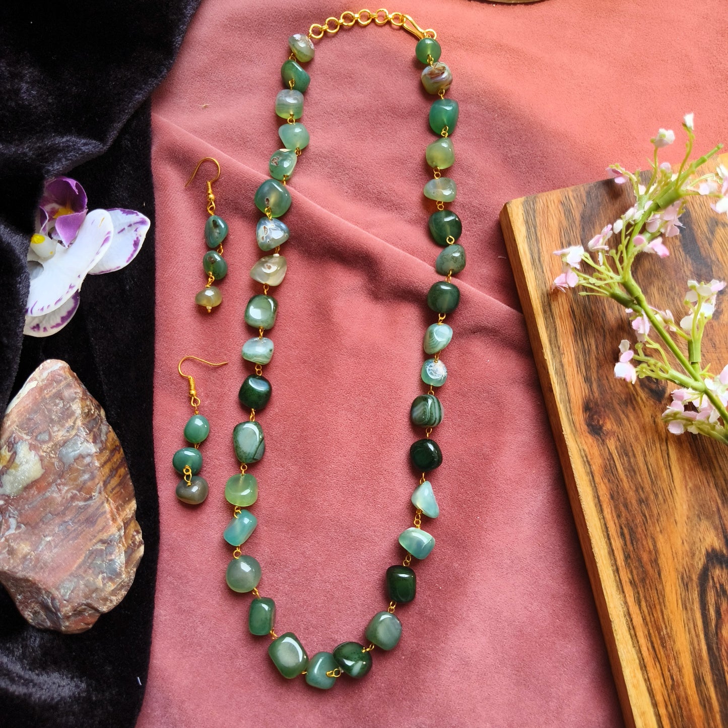 Green Beaded Necklace Set | Natural Stone Jewelry for Women