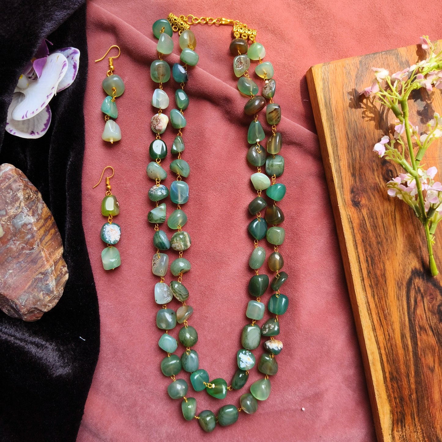 Dual Layer Green Beaded Necklace Set | Natural Stone Jewelry for Women
