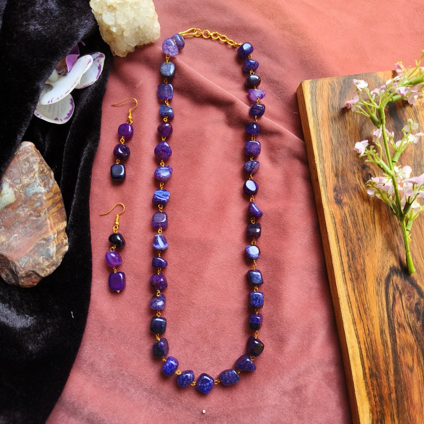 Purple Natural Stone Necklace Set – Handcrafted Polished Beads with Matching Earrings