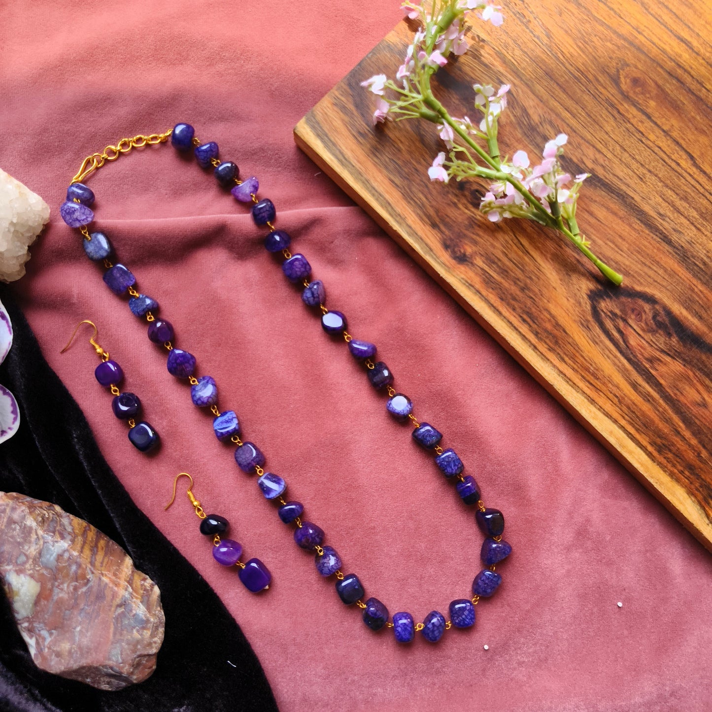 Purple Natural Stone Necklace Set – Handcrafted Polished Beads with Matching Earrings