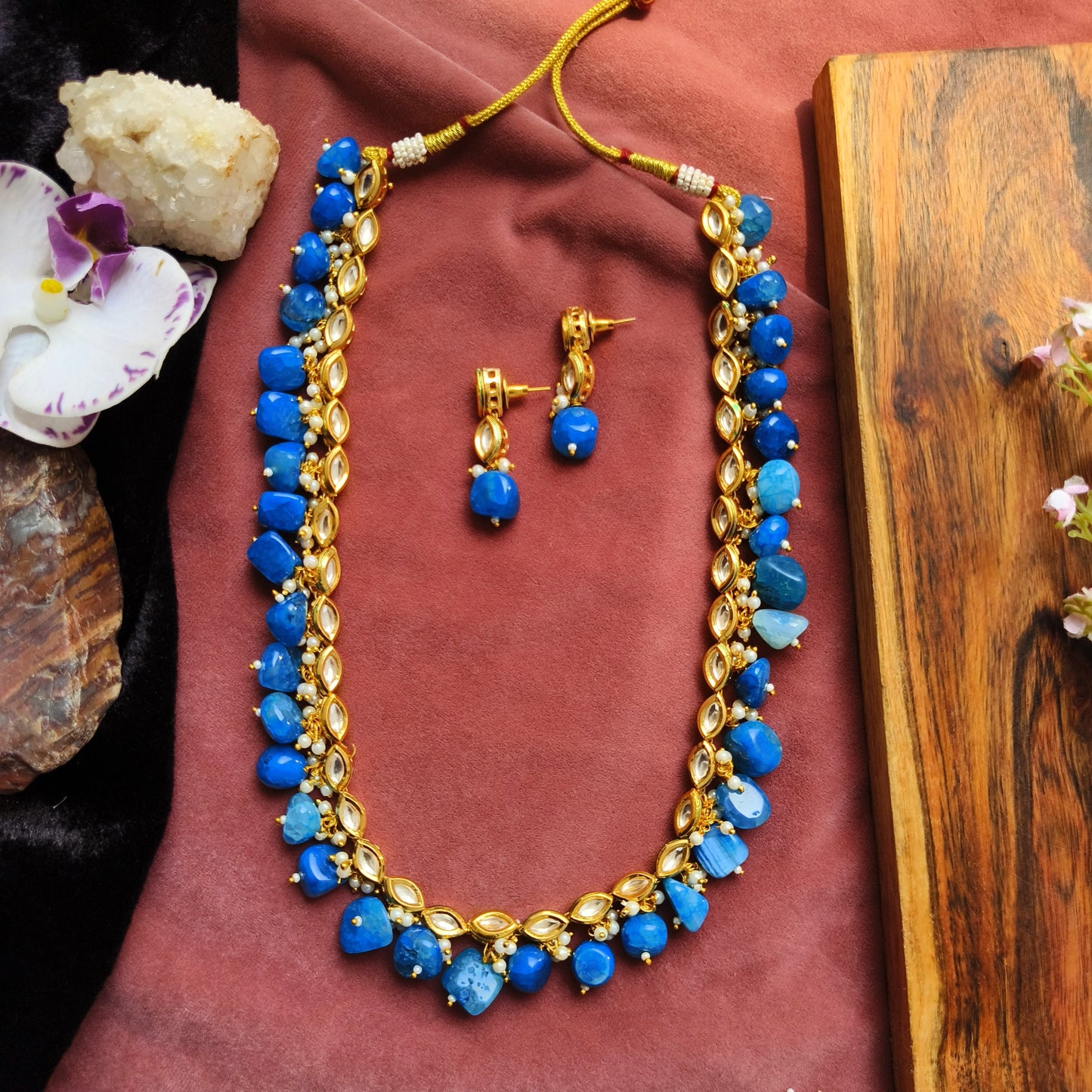 Royal Blue Stone Kundan Necklace Set – Traditional Beads with Earrings