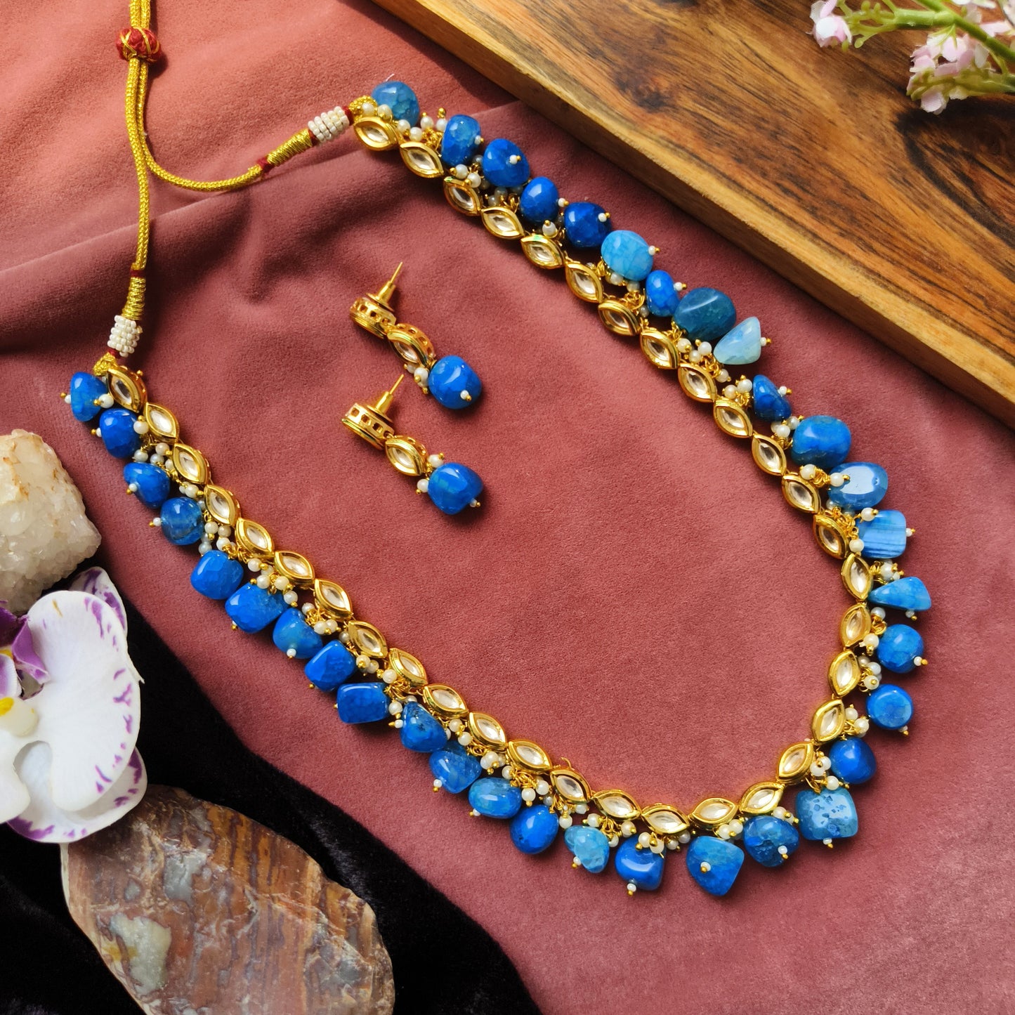 Royal Blue Stone Kundan Necklace Set – Traditional Beads with Earrings