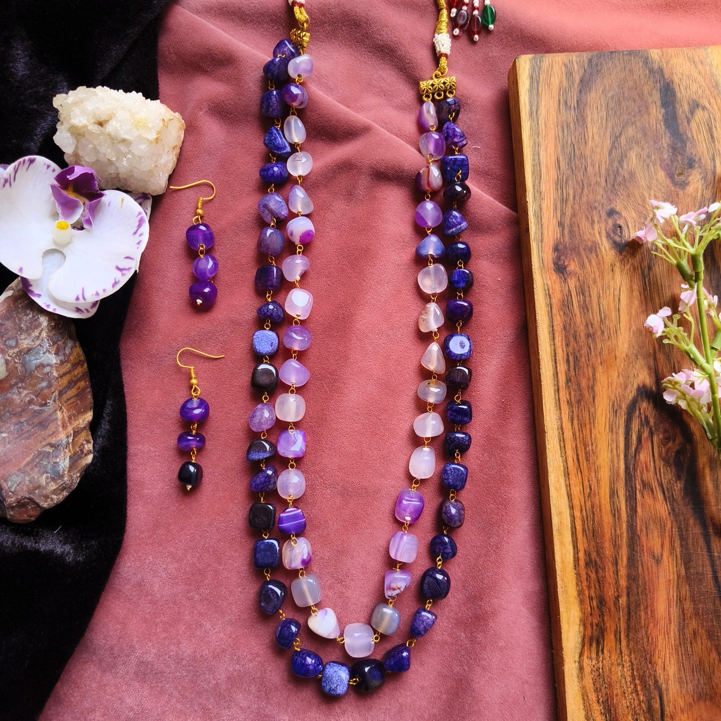 Purple & White Beaded Layered Necklace Set – Dual Strand with Earrings