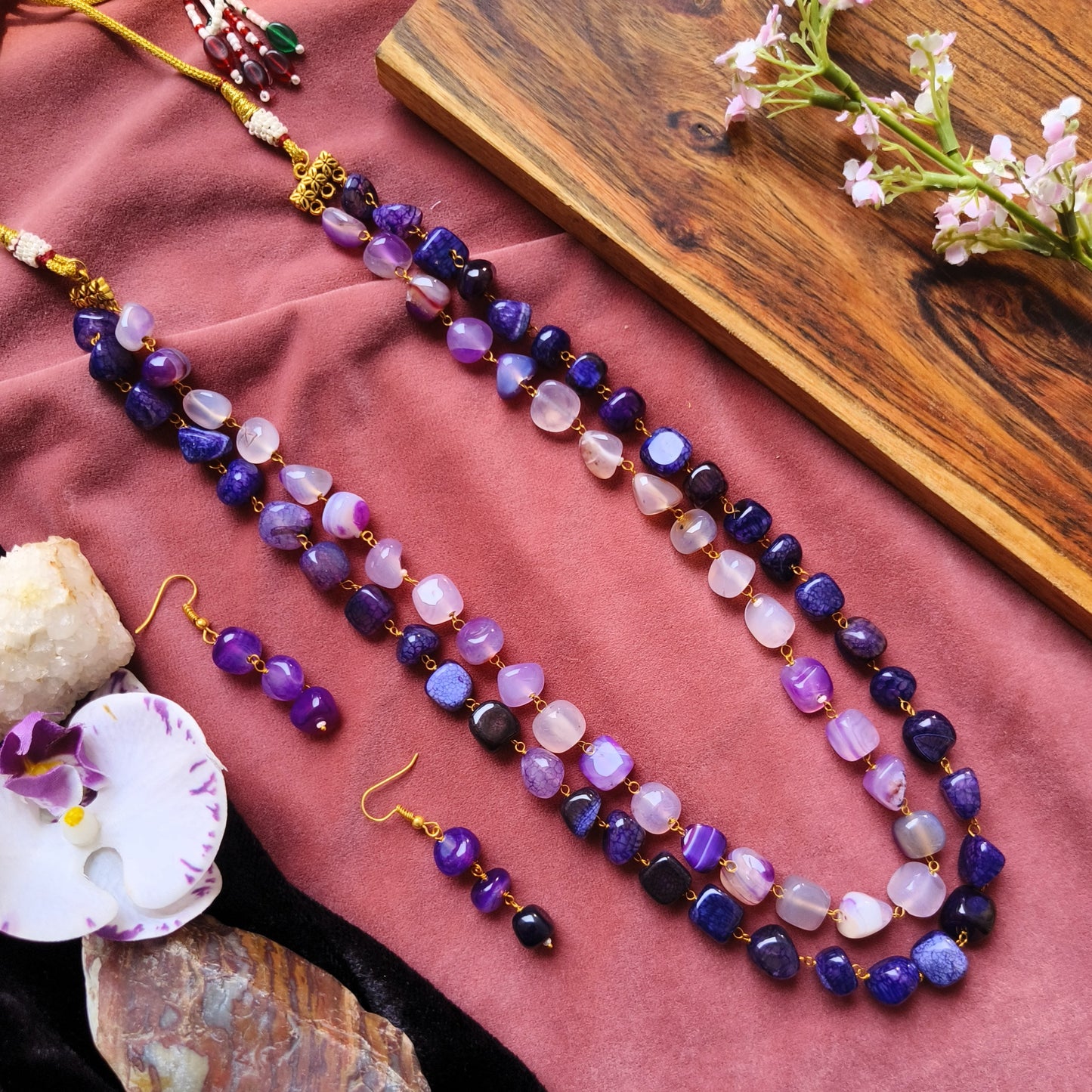 Purple & White Beaded Layered Necklace Set – Dual Strand with Earrings