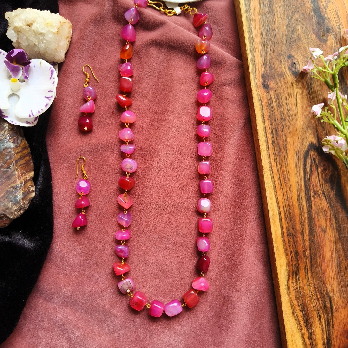 Pink & Red Agate Stone Beaded Necklace Set with Matching Earrings