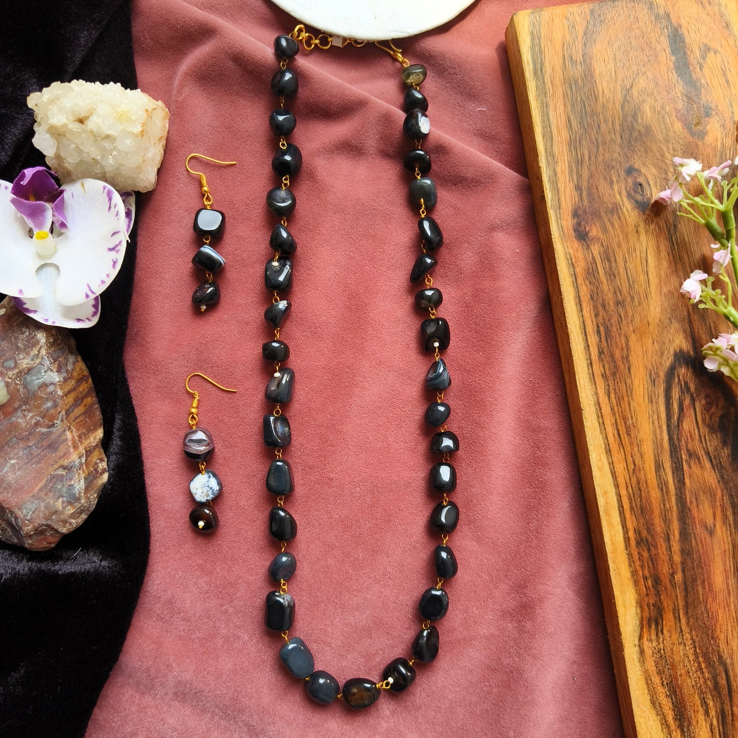 Black Onyx-Inspired Beaded Necklace Set with Matching Earrings