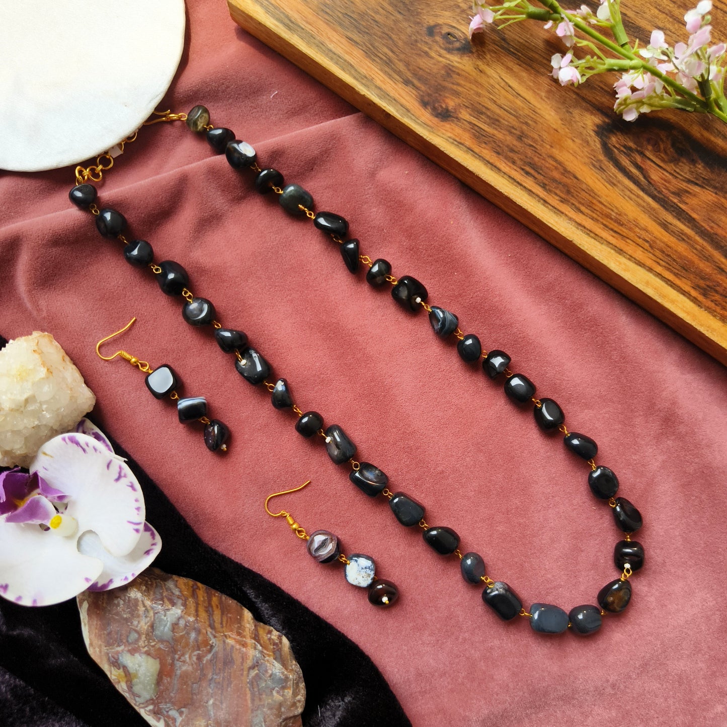 Black Onyx-Inspired Beaded Necklace Set with Matching Earrings