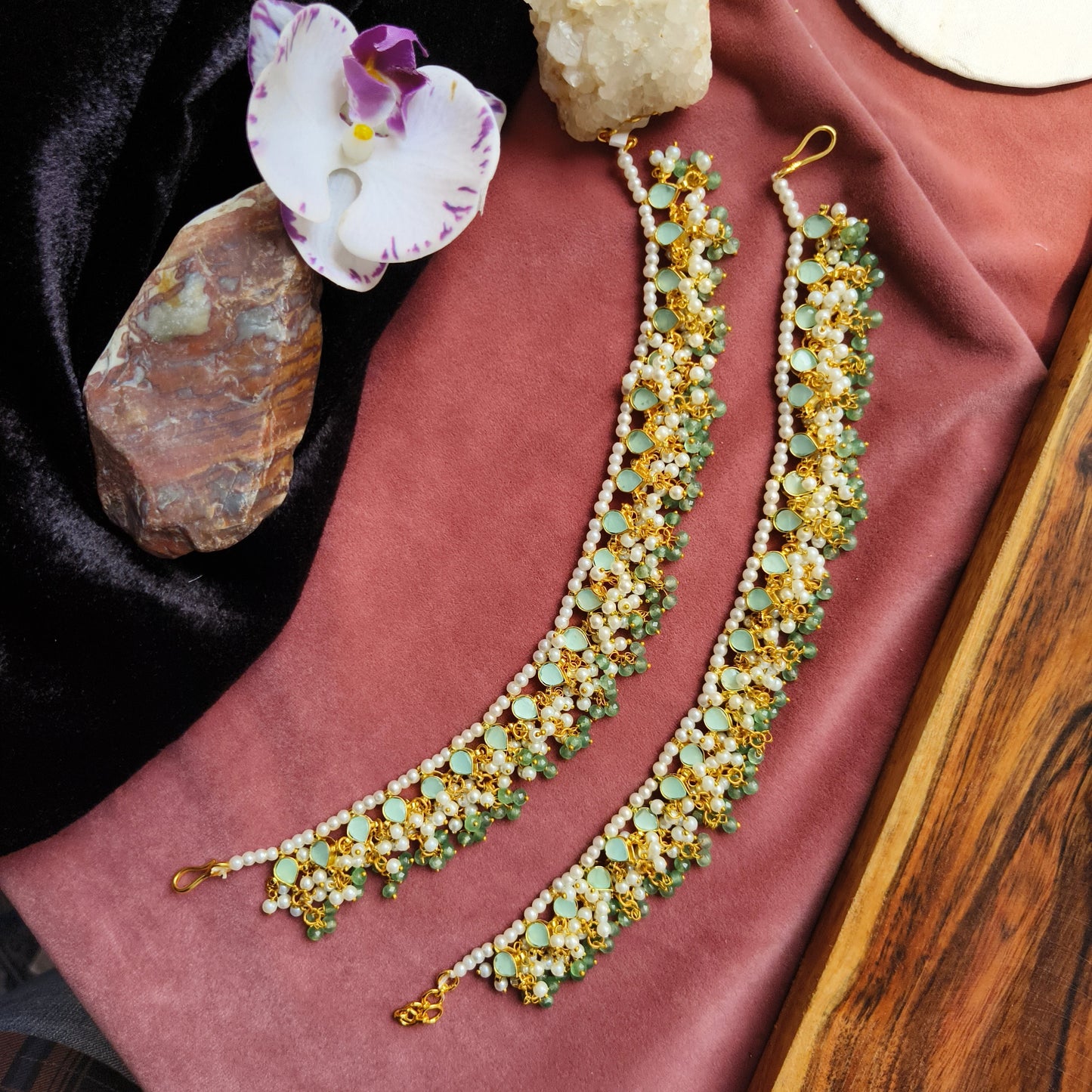 Green Kundan & Pearl Beaded Anklet Pair with Golden Finish