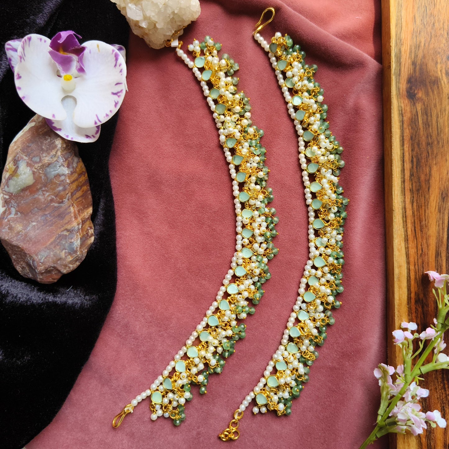 Green Kundan & Pearl Beaded Anklet Pair with Golden Finish