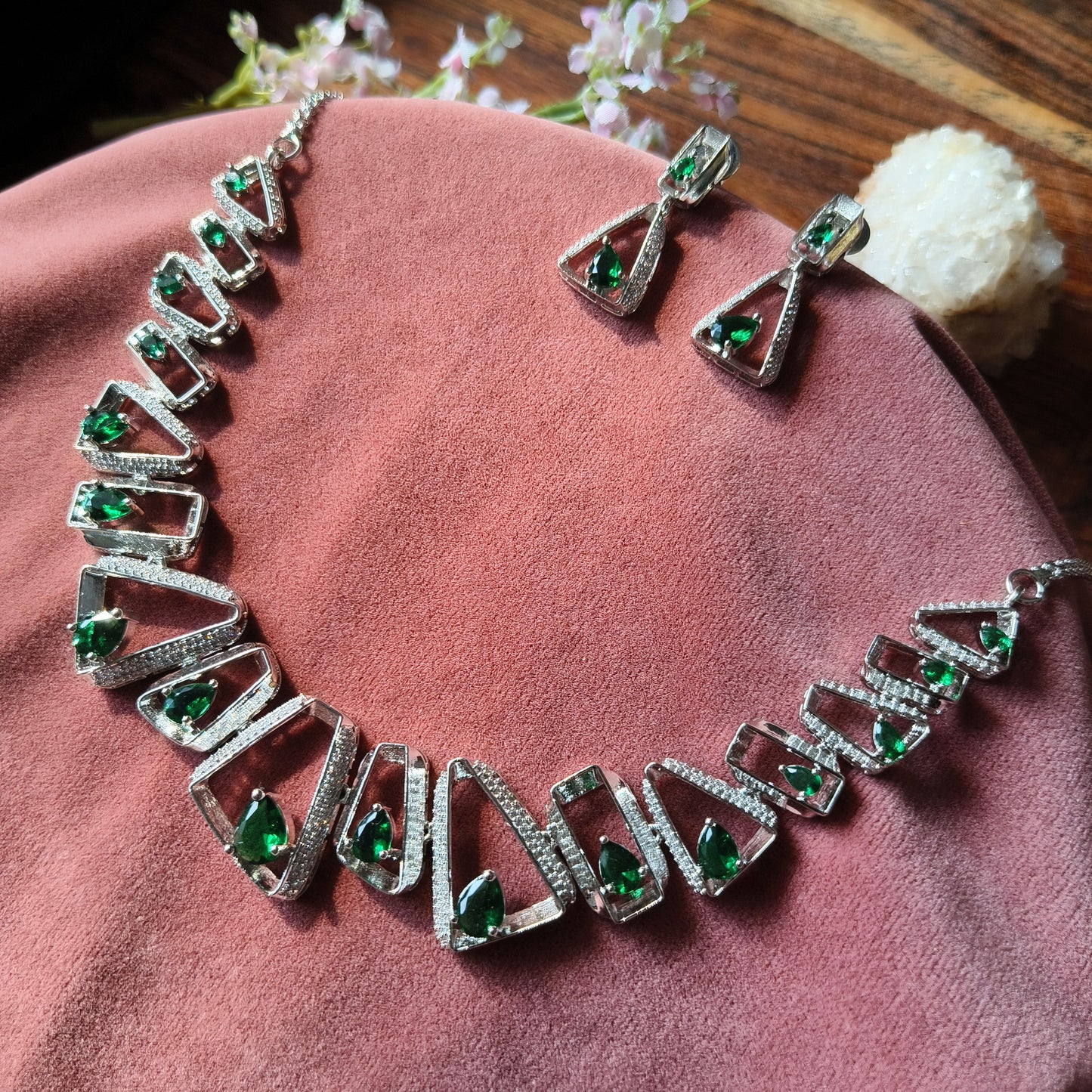 Emerald Green Crystal Necklace Set with Silver Finish & Earrings