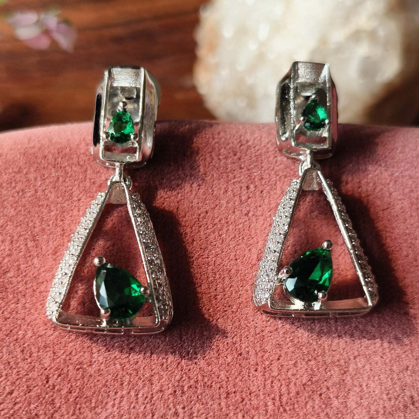 Emerald Green Crystal Necklace Set with Silver Finish & Earrings