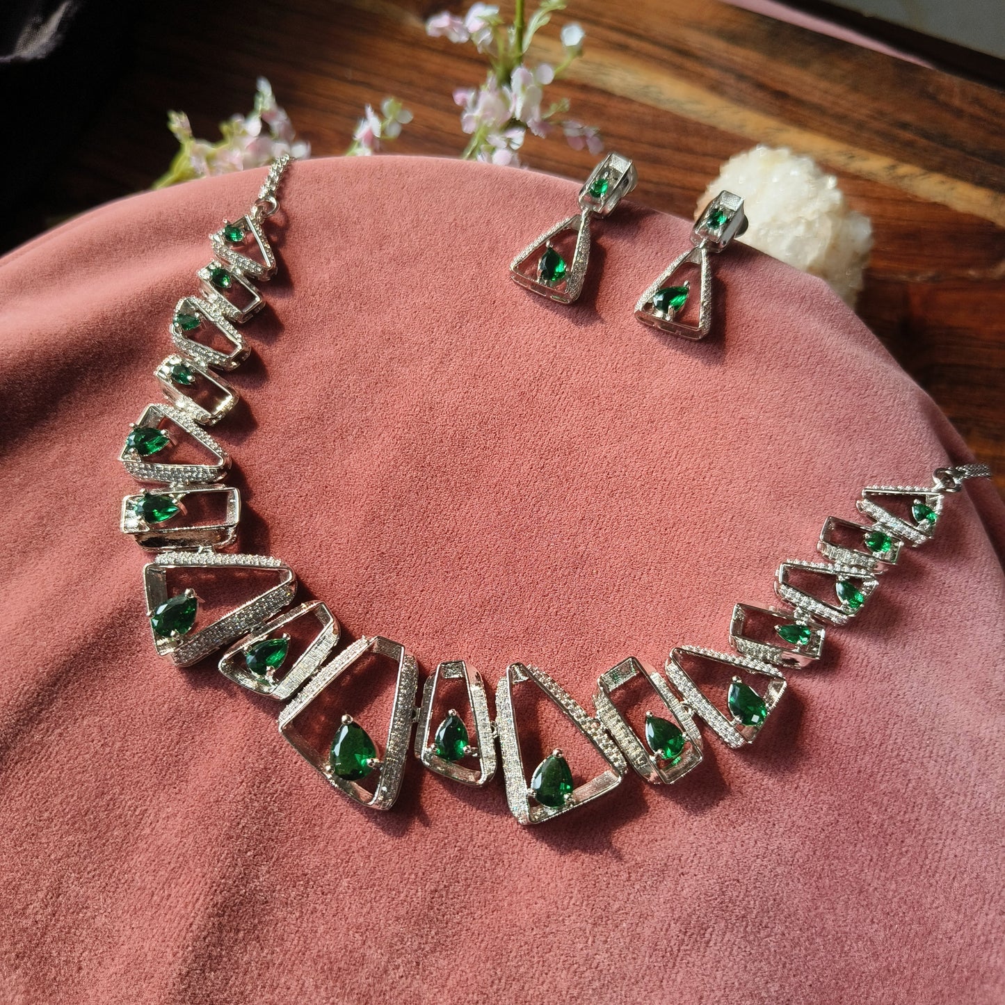Emerald Green Crystal Necklace Set with Silver Finish & Earrings