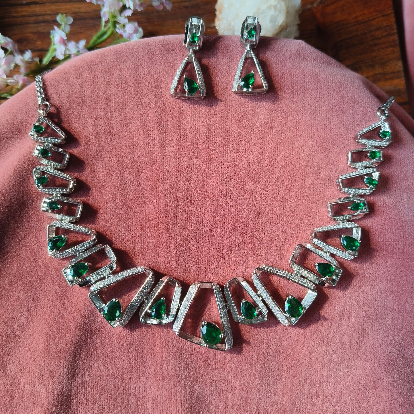 Emerald Green Crystal Necklace Set with Silver Finish & Earrings
