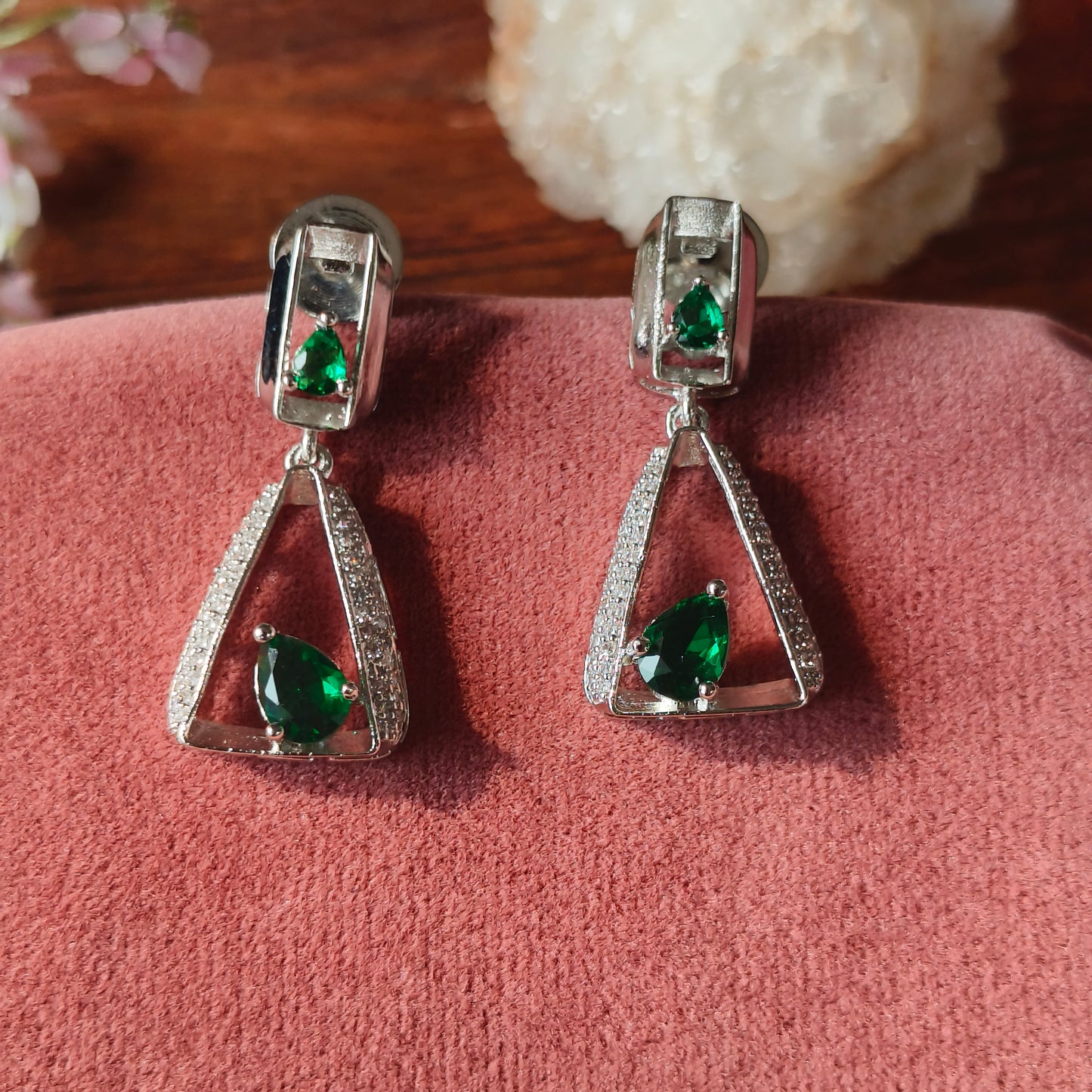 Emerald Green Crystal Necklace Set with Silver Finish & Earrings