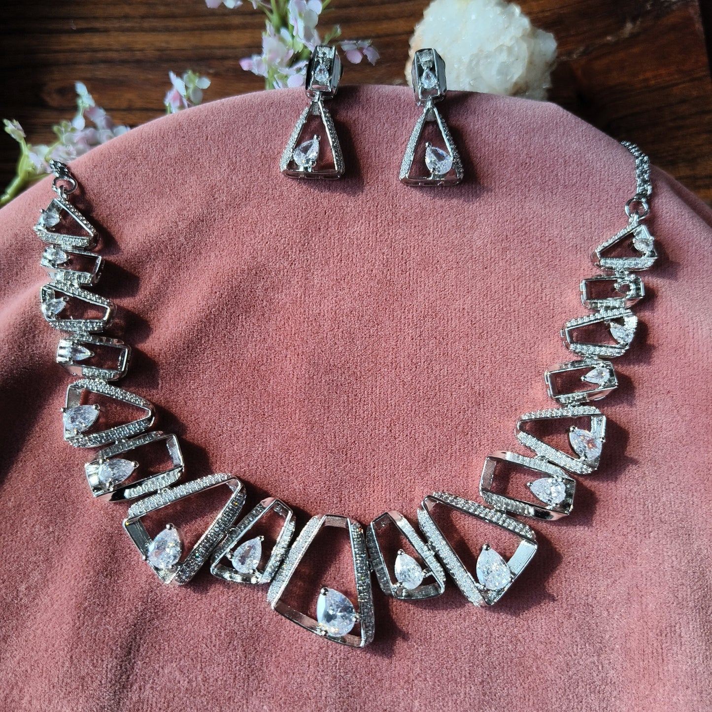 White Crystal Stone Necklace Set with Silver Geometric Design & Earrings