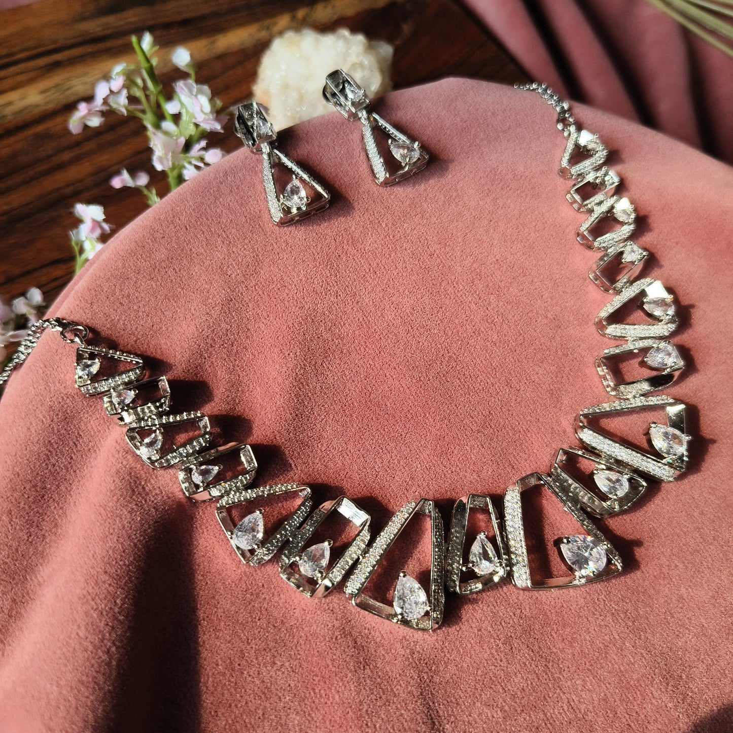 White Crystal Stone Necklace Set with Silver Geometric Design & Earrings