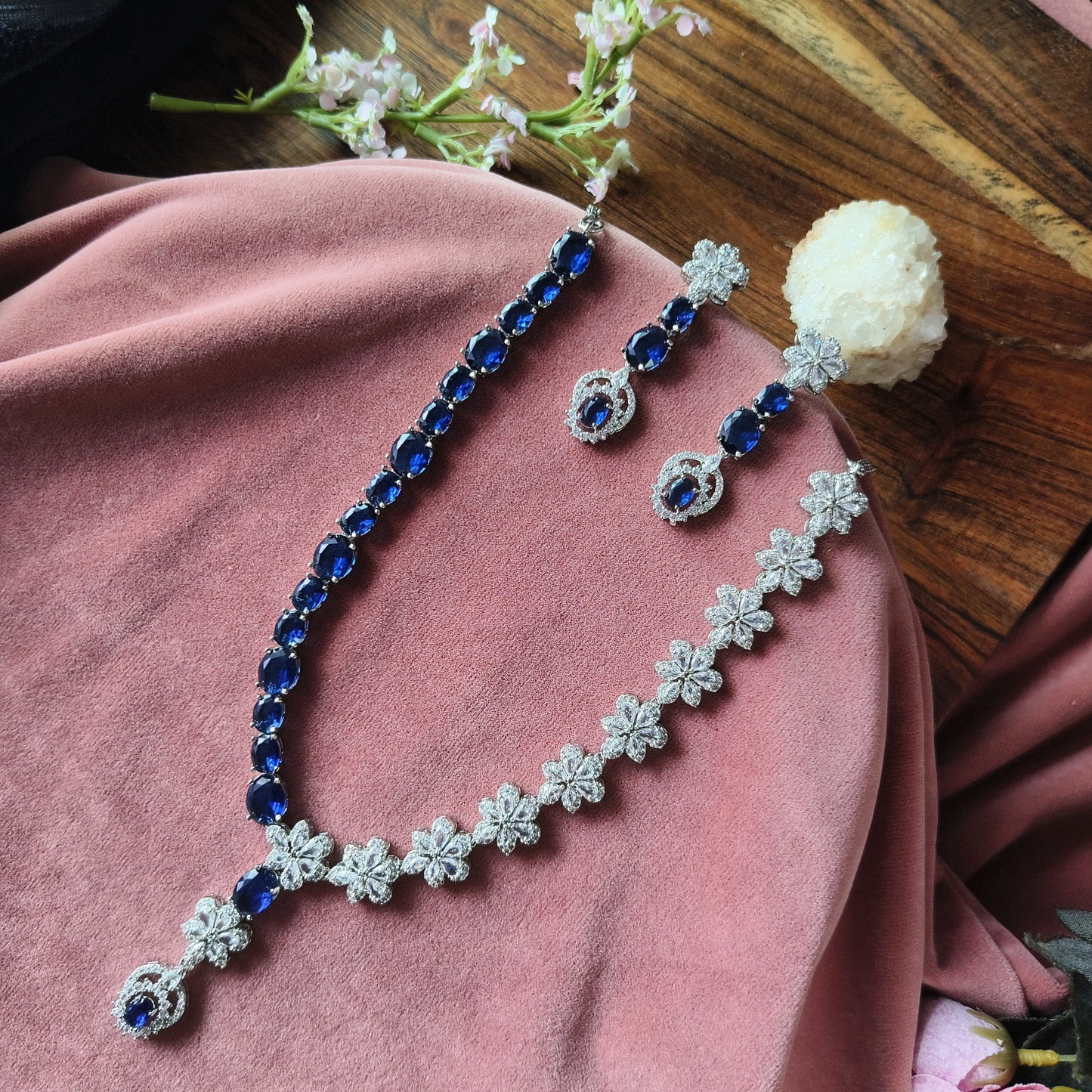 Blue Sapphire Floral Necklace Set | Elegant Bridal Jewelry Online