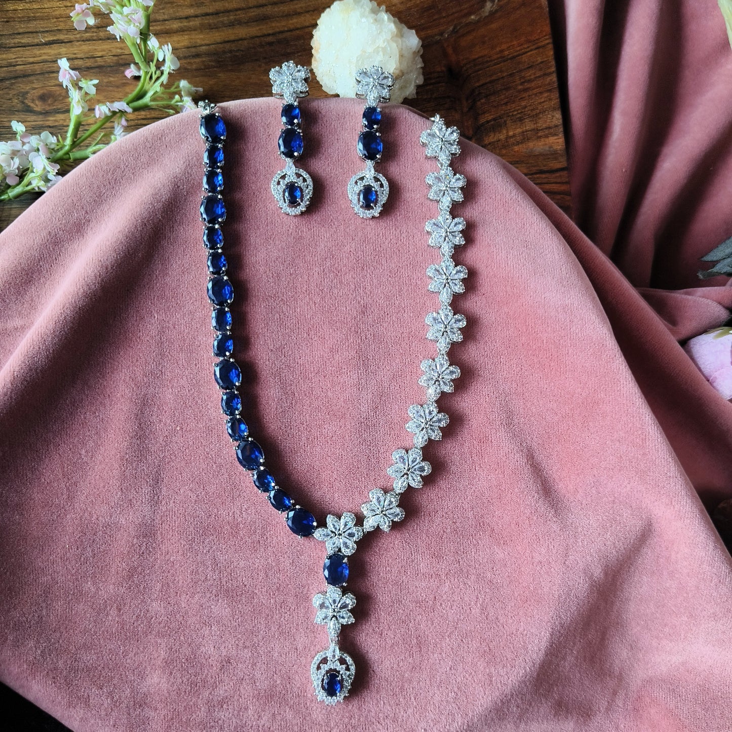Blue Sapphire Floral Necklace Set | Elegant Bridal Jewelry Online
