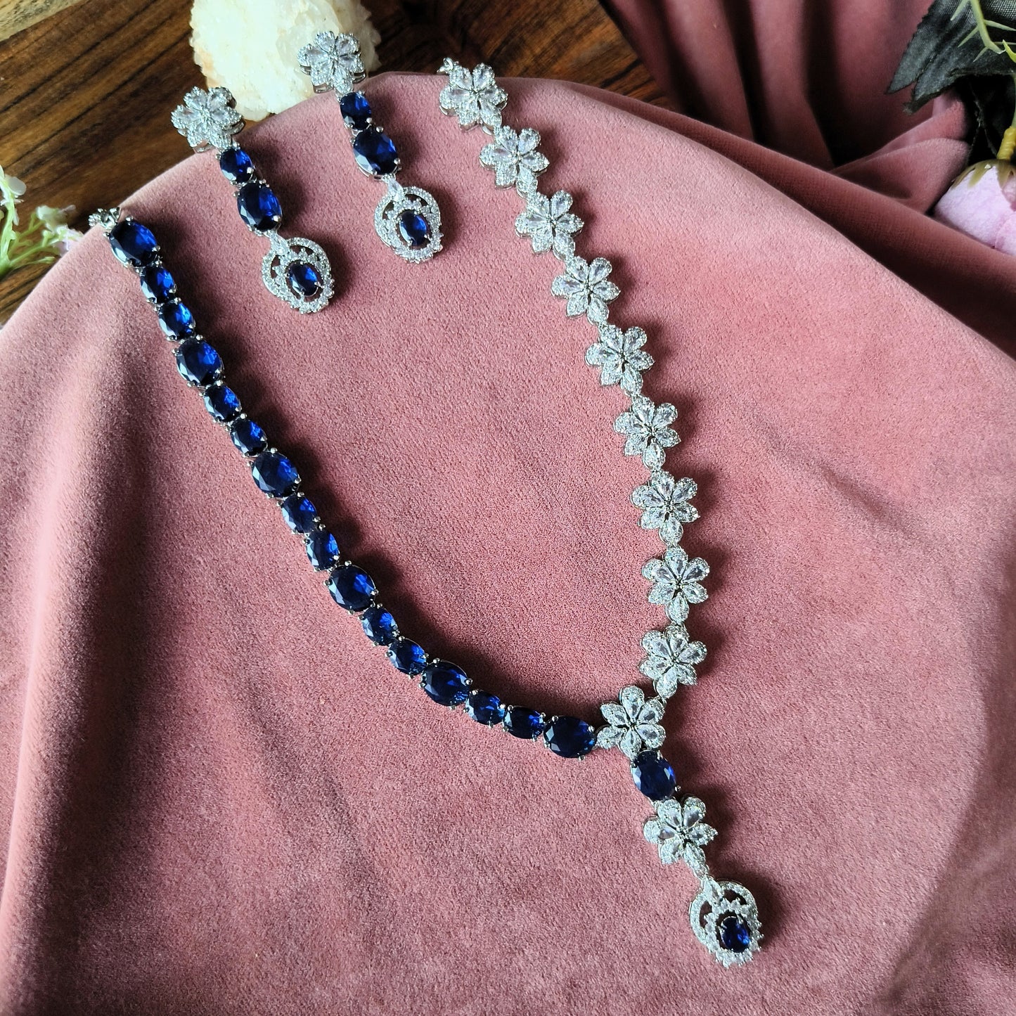 Blue Sapphire Floral Necklace Set | Elegant Bridal Jewelry Online