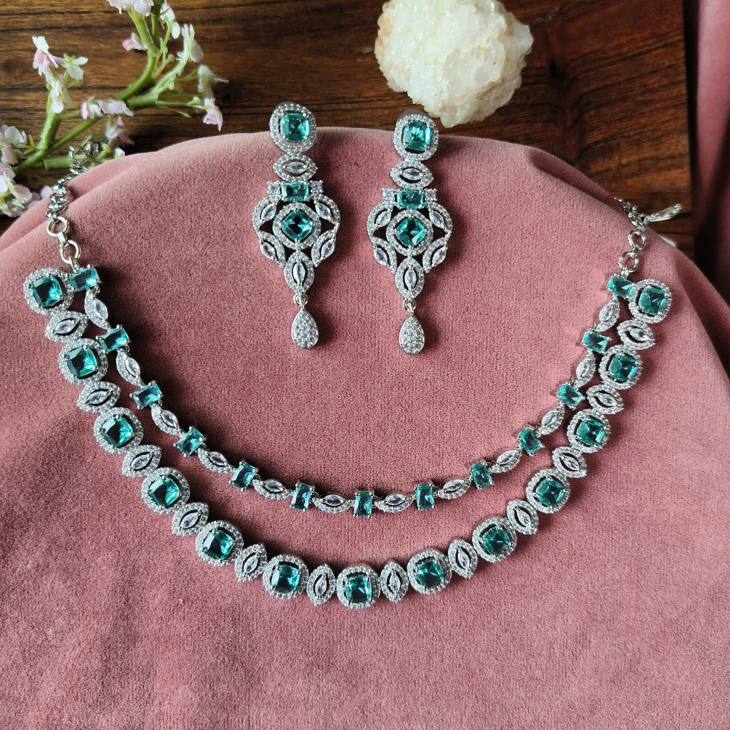Emerald Green Crystal Necklace & Earrings Set – Luxury Silver-Tone Bridal & Party Jewellery