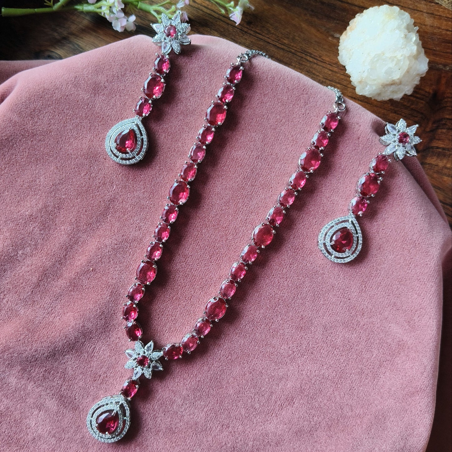 Ruby Red Crystal Necklace & Earrings Set – Elegant Silver-Tone Bridal Jewellery