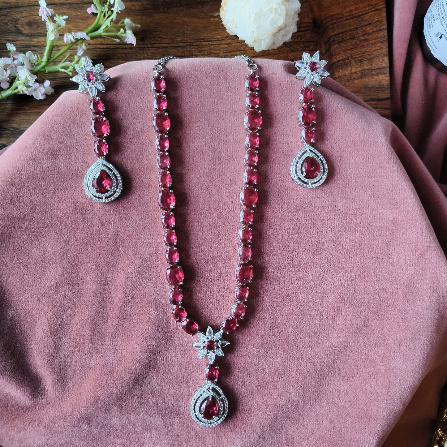 Ruby Red Crystal Necklace & Earrings Set – Elegant Silver-Tone Bridal Jewellery