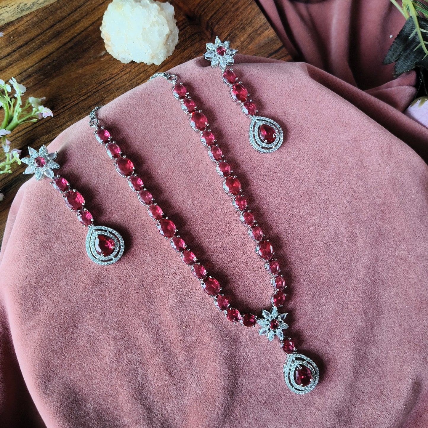 Ruby Red Crystal Necklace & Earrings Set – Elegant Silver-Tone Bridal Jewellery