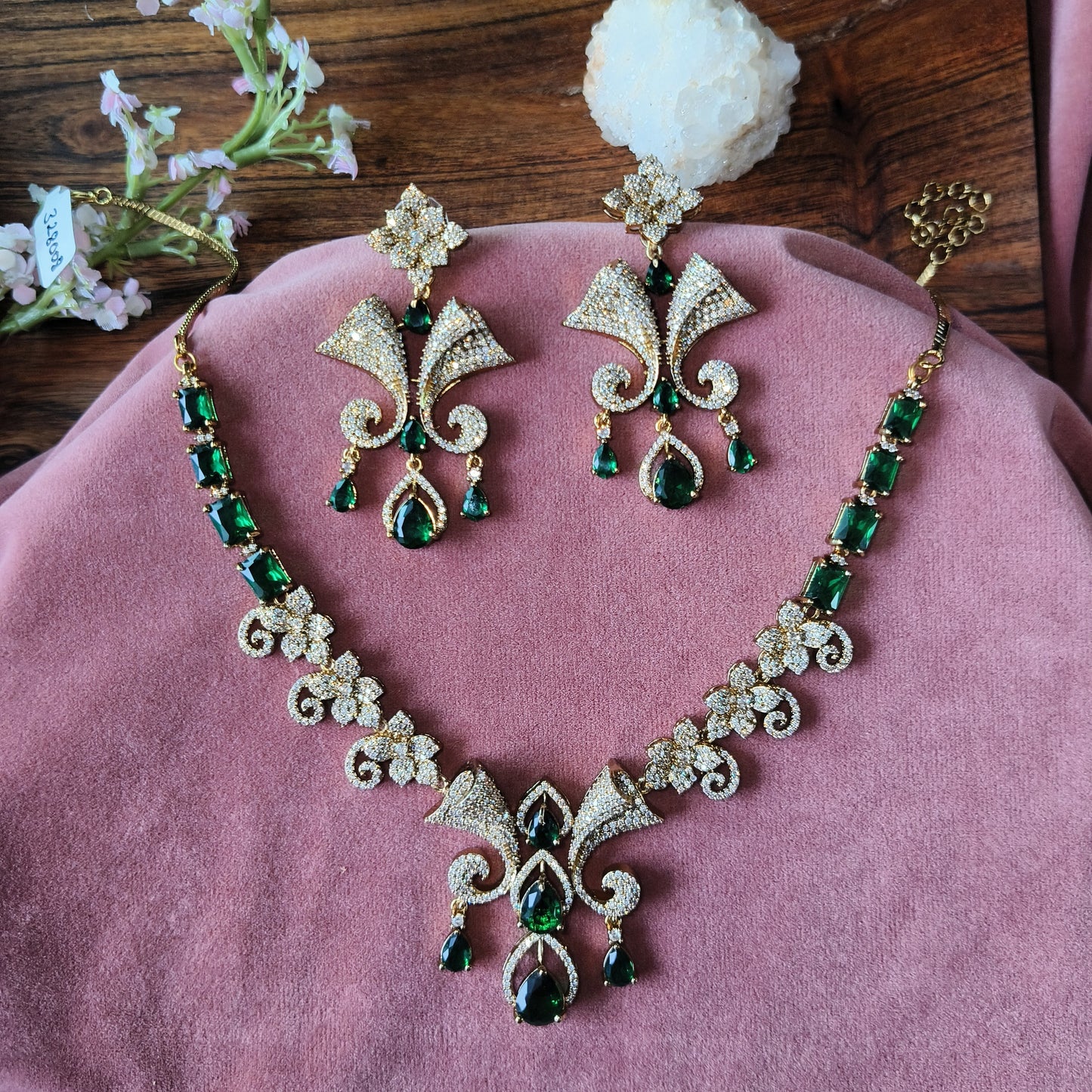 Emerald Green Stone Necklace & Earrings Set – Gold Finish Bridal Jewellery with CZ Diamonds