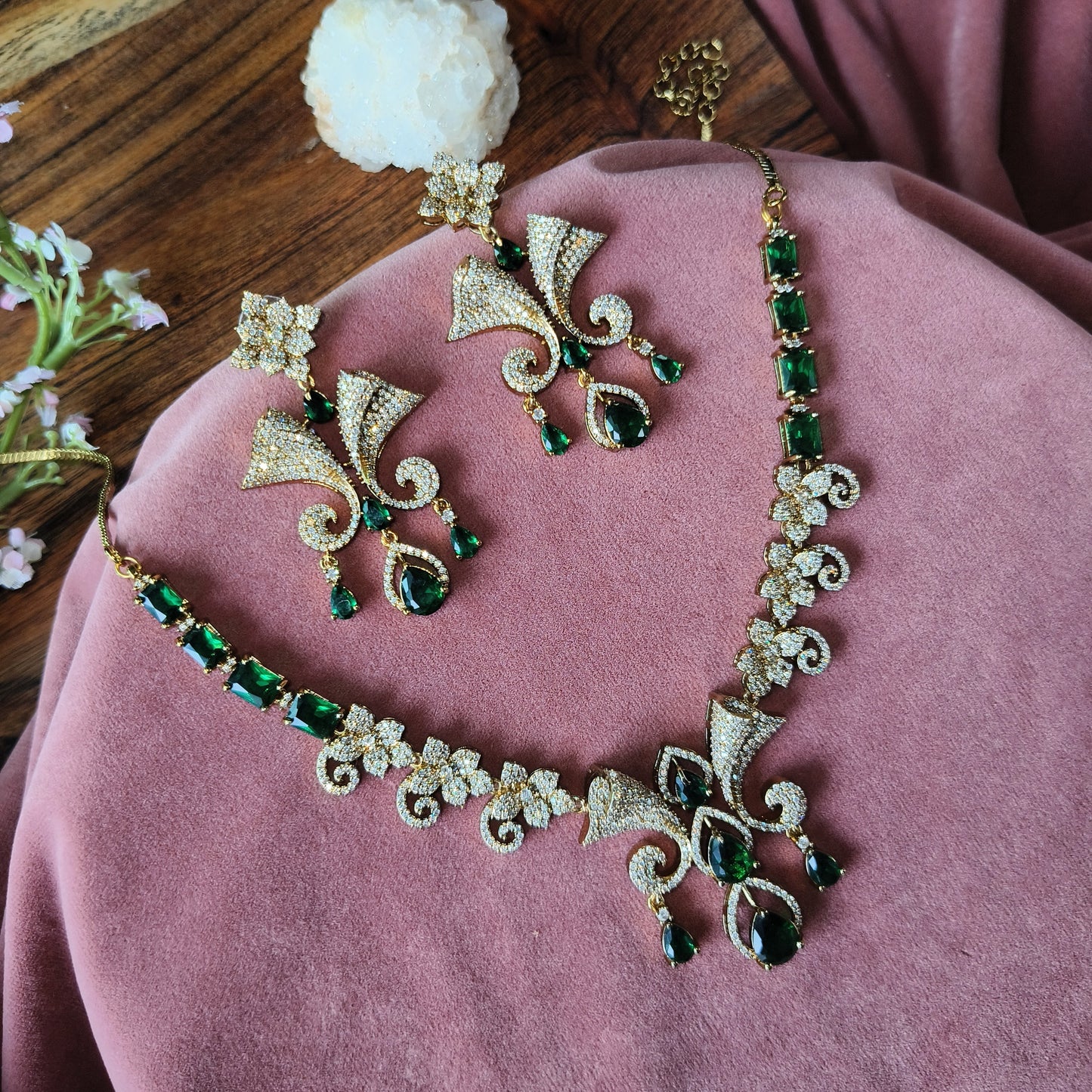 Emerald Green Stone Necklace & Earrings Set – Gold Finish Bridal Jewellery with CZ Diamonds