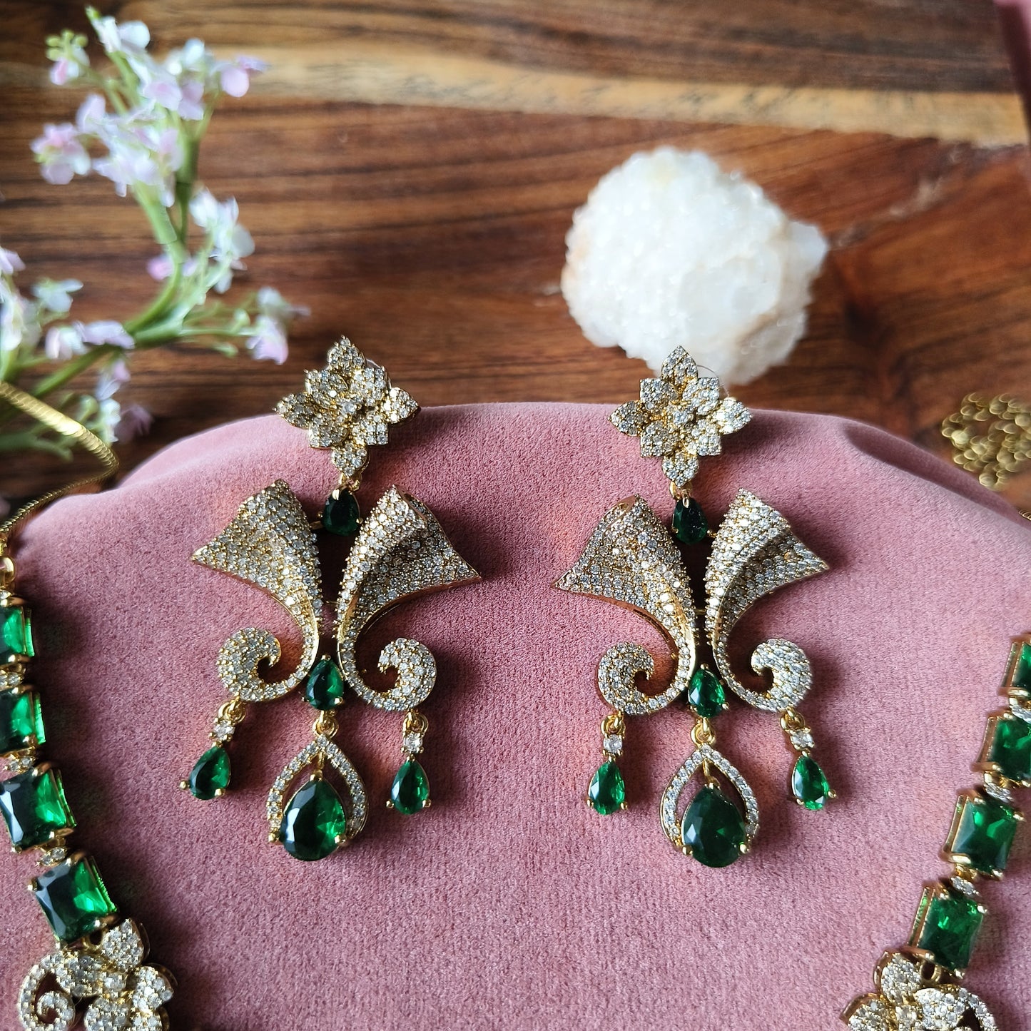 Emerald Green Stone Necklace & Earrings Set – Gold Finish Bridal Jewellery with CZ Diamonds