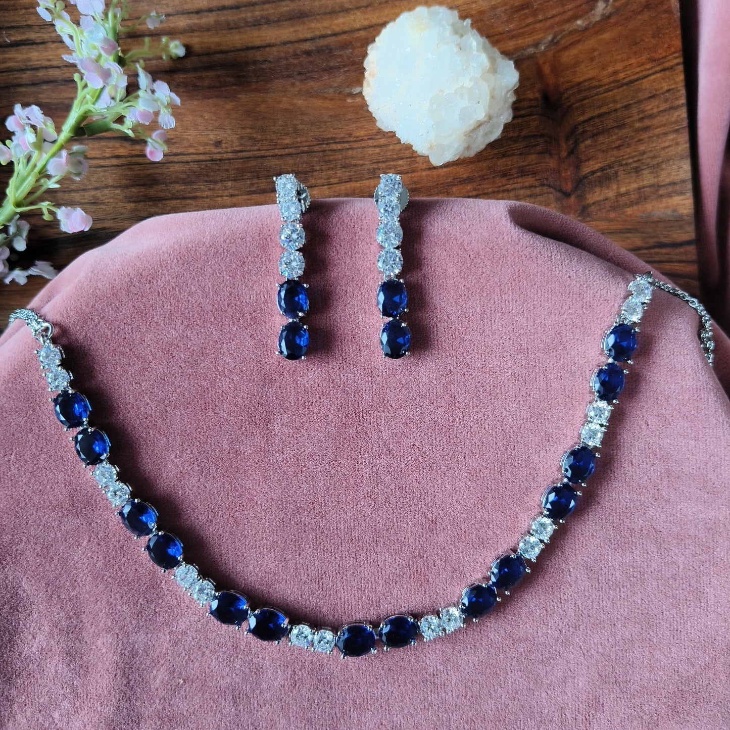 Royal Blue Stone Necklace & Earrings Set – Silver Finish with CZ Diamonds