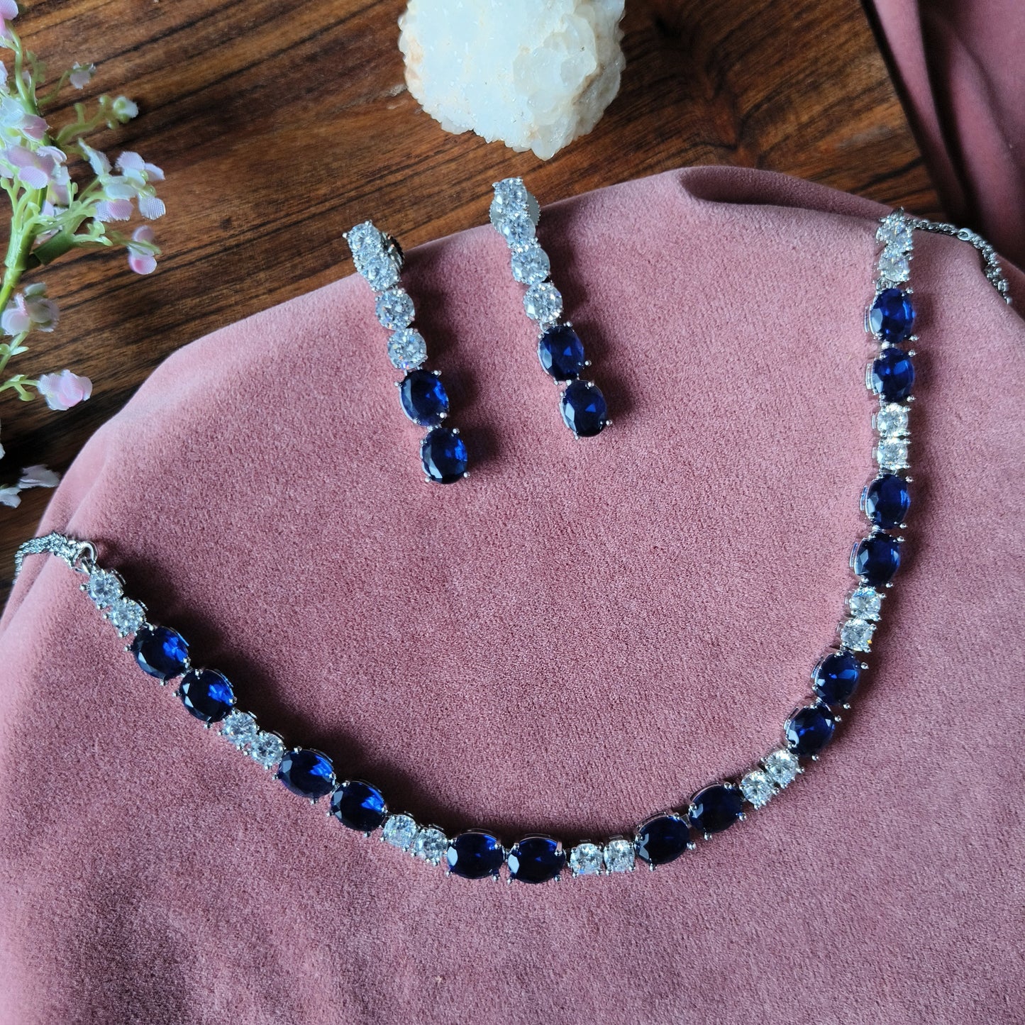 Royal Blue Stone Necklace & Earrings Set – Silver Finish with CZ Diamonds