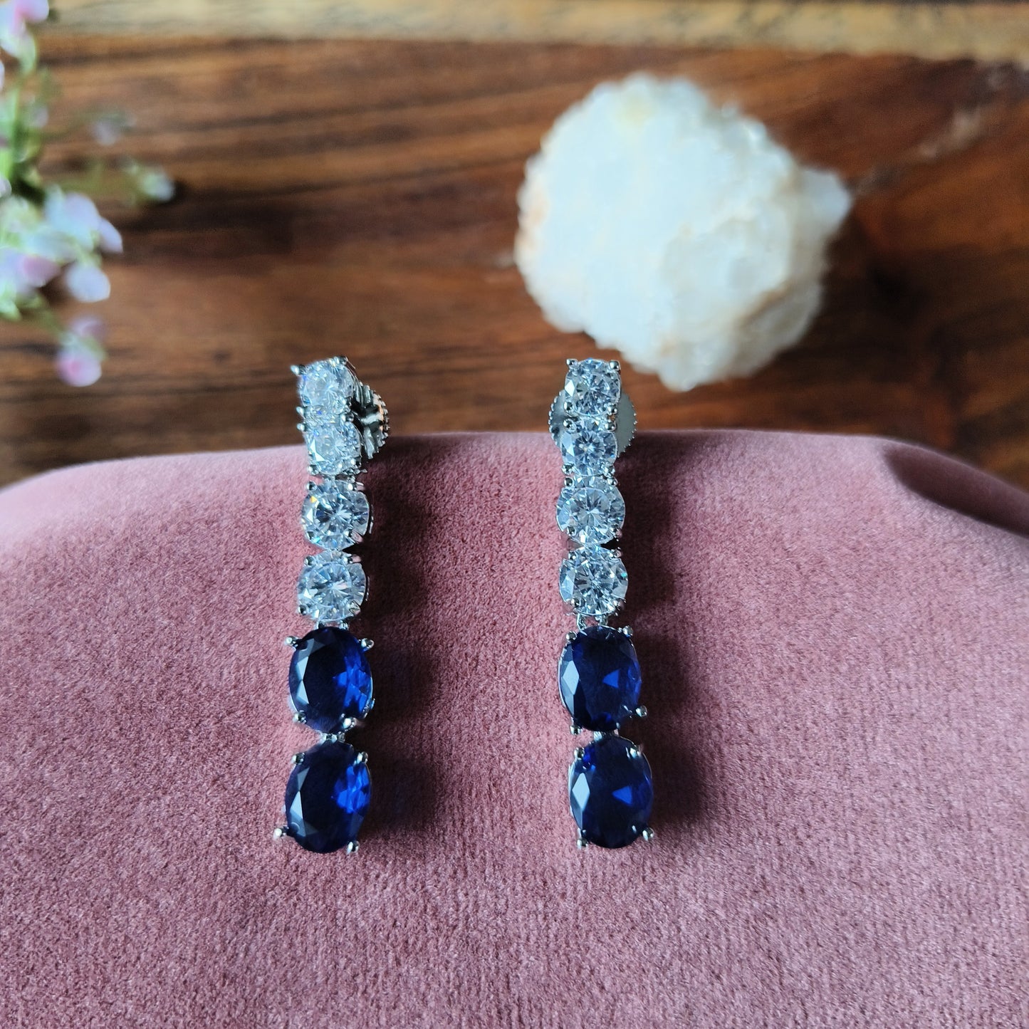 Royal Blue Stone Necklace & Earrings Set – Silver Finish with CZ Diamonds