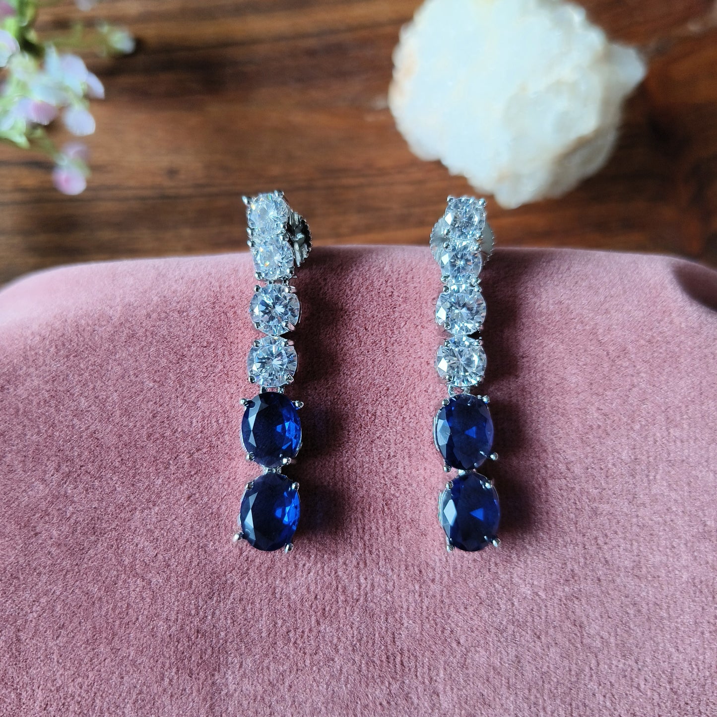 Royal Blue Stone Necklace & Earrings Set – Silver Finish with CZ Diamonds
